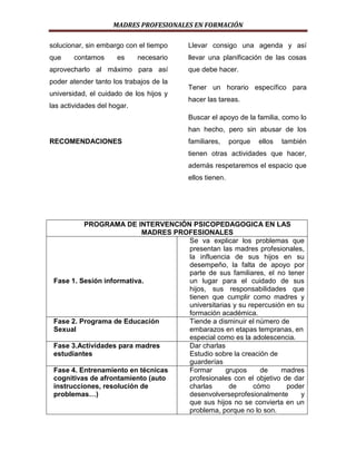 MADRES PROFESIONALES EN FORMACIÓN
solucionar, sin embargo con el tiempo

Llevar consigo una agenda y así

que

llevar una planificación de las cosas

contamos

es

necesario

aprovecharlo al máximo para así
poder atender tanto los trabajos de la
universidad, el cuidado de los hijos y
las actividades del hogar.

que debe hacer.
Tener un horario específico para
hacer las tareas.
Buscar el apoyo de la familia, como lo
han hecho, pero sin abusar de los

RECOMENDACIONES

familiares,

porque

ellos

también

tienen otras actividades que hacer,
además respetaremos el espacio que
ellos tienen.

PROGRAMA DE INTERVENCIÓN PSICOPEDAGOGICA EN LAS
MADRES PROFESIONALES
Se va explicar los problemas que
presentan las madres profesionales,
la influencia de sus hijos en su
desempeño, la falta de apoyo por
parte de sus familiares, el no tener
Fase 1. Sesión informativa.
un lugar para el cuidado de sus
hijos, sus responsabilidades que
tienen que cumplir como madres y
universitarias y su repercusión en su
formación académica.
Fase 2. Programa de Educación
Tiende a disminuir el número de
Sexual
embarazos en etapas tempranas, en
especial como es la adolescencia.
Fase 3.Actividades para madres
Dar charlas
estudiantes
Estudio sobre la creación de
guarderías
Fase 4. Entrenamiento en técnicas
Formar
grupos
de
madres
cognitivas de afrontamiento (auto
profesionales con el objetivo de dar
instrucciones, resolución de
charlas
de
cómo
poder
problemas…)
desenvolverseprofesionalmente
y
que sus hijos no se convierta en un
problema, porque no lo son.

 