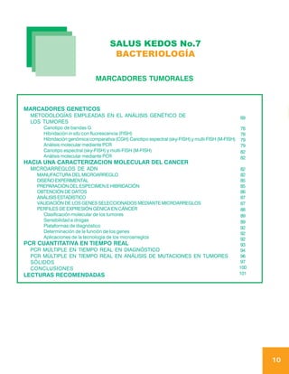 SALUS KEDOS No.7
                                     BACTERIOLOGÍA

                             MARCADORES TUMORALES



MARCADORES GENETICOS
 METODOLOGÍAS EMPLEADAS EN EL ANÁLISIS GENÉTICO DE                                                 69
 LOS TUMORES
     Cariotipo de bandas G                                                                         78
     Hibridación in situ con fluorescencia (FISH)                                                  78
     Hibridación genómica comparativa (CGH) Cariotipo espectral (sky-FISH) y multi-FISH (M-FISH)   79
     Análisis molecular mediante PCR                                                               79
     Cariotipo espectral (sky-FISH) y multi-FISH (M-FISH)                                          82
     Análisis molecular mediante PCR                                                               82
HACIA UNA CARACTERIZACION MOLECULAR DEL CANCER
 MICROARREGLOS DE ADN                                                                               82
   MANUFACTURA DEL MICROARREGLO                                                                     82
   DISEÑO EXPERIMENTAL                                                                              85
   PREPARACIÓN DEL ESPECIMEN E HIBRIDACIÓN                                                          85
   OBTENCIÓN DE DATOS                                                                               86
   ANÁLISIS ESTADÍSTICO                                                                             87
   VALIDACIÓN DE LOS GENES SELECCIONADOS MEDIANTE MICROARREGLOS                                     87
   PERFILES DE EXPRESIÓN GÉNICA EN CÁNCER                                                           88
      Clasificación molecular de los tumores                                                        89
      Sensibilidad a drogas                                                                         89
      Plataformas de diagnóstico                                                                    92
      Determinación de la función de los genes                                                      92
      Aplicaciones de la tecnología de los microarreglos                                            92
PCR CUANTITATIVA EN TIEMPO REAL                                                                     93
 PCR MÚLTIPLE EN TIEMPO REAL EN DIAGNÓSTICO                                                         94
 PCR MÚLTIPLE EN TIEMPO REAL EN ANÁLISIS DE MUTACIONES EN TUMORES                                   96
 SÓLIDOS                                                                                            97
 CONCLUSIONES                                                                                      100
LECTURAS RECOMENDADAS                                                                              101




                                                                                                         10
 