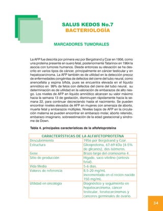 SALUS KEDOS No.7
                       BACTERIOLOGÍA

                MARCADORES TUMORALES


La AFP fue descrita por primera vez por Bergstrand y Czar en 1956, como
una proteína presente en suero fetal, posteriormente Tatarinov en 1964 la
asocia con tumores humanos. Desde entonces su elevación se ha des-
crito en varios tipos de cáncer, principalmente en cáncer testicular y en
hepatocarcinoma. La AFP también es de utilidad en la detección precoz
de enfermedades congénitas de defectos del cierre del tubo neural, como
anencefalia y espina bífida, pues se encuentra elevada en el líquido
amniótico en 99% de fetos con defectos del cierre del tubo neural, su
determinación es de utilidad en la valoración de embarazos de alto ries-
go. Los niveles de AFP en líquido amniótico alcanzan su valor máximo
hacia la semana 13 de gestación, disminuyen rápidamente hacia la se-
mana 22, para continuar decreciendo hasta el nacimiento. Se pueden
encontrar niveles elevados de AFP en mujeres con amenaza de aborto,
muerte fetal y embarazos múltiples. Niveles bajos de AFP en la circula-
ción materna se pueden encontrar en embarazo molar, aborto retenido,
embarazo imaginario, sobreestimación de la edad gestacional y síndro-
me de Down.

Tabla 4. principales características de la alfafetoproteína

        CARACTERÍSTICAS DE LA ALFAFETOPROTEÍNA
Descubrimiento              1956 por Bergstrand y Czar.
Estructura                  Glicoproteína, 67-69 kDa (4-5%
                            de glicanos), dos isómeros.
Gene                        Brazo largo del cromosoma 4.
Sitio de producción         Hígado, saco vitelino (síntesis
                            fetal).
Vida Media                  5-6 días.
Valores de referencia       8,5-20 mg/mL
                            incrementado en el recién nacido
                            150 mg/mL.
Utilidad en oncología       Diagnóstico y seguimiento en
                            hepatocarcinoma, cáncer
                            testicular, teratocarcinomas y
                            canceres germinales de ovario.

                                                                            34
 