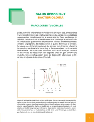 SALUS KEDOS No.7
                              BACTERIOLOGÍA

                     MARCADORES TUMORALES


particularmente en el análisis de mutaciones en el gen p53, en los exones
6 y 8. En este método se emplean como sondas varios oligonucleótidos
superpuestos, complementarios al gen de interés. Estas sondas son di-
señadas de manera que la señal fluorescente disminuye al unirse al blan-
co. Después de que ocurre la amplificación, se inicia en el termociclador/
detector un programa de disociación en el que se disminuye la tempera-
tura para permitir la hibridación de las sondas con el blanco y luego la
temperatura es elevada lentamente y la fluorescencia es continuamente
determinada. Las mutaciones somáticas son identificadas por cambios
en las curvas de disociación con respecto a las del gen silvestre (no
mutado). En general aparecen picos de disociación adicionales o dife-
rencias en el área de los picos. Figura 8.




Figura 8. Tamizaje de mutaciones en cáncer de colon. Se colocaron en la misma reacción
varias sondas fluorescentes sobrepuestas complementarias con el exón ocho del gen p53
silvestre (no mutado), los diferentes sitios fueron identificados por la temperatura de diso-
ciación específica de los duplex sonda/blanco. La temperatura de disociación de cada
duplex sonda/blanco y la proporción de las áreas de los picos de disociación fueron
determinadas en el gen no mutado (linea verde), en el tumor (linea roja) se observó un
perfil aberrante con un pico de disociación adicional.


                                                                                                97
 