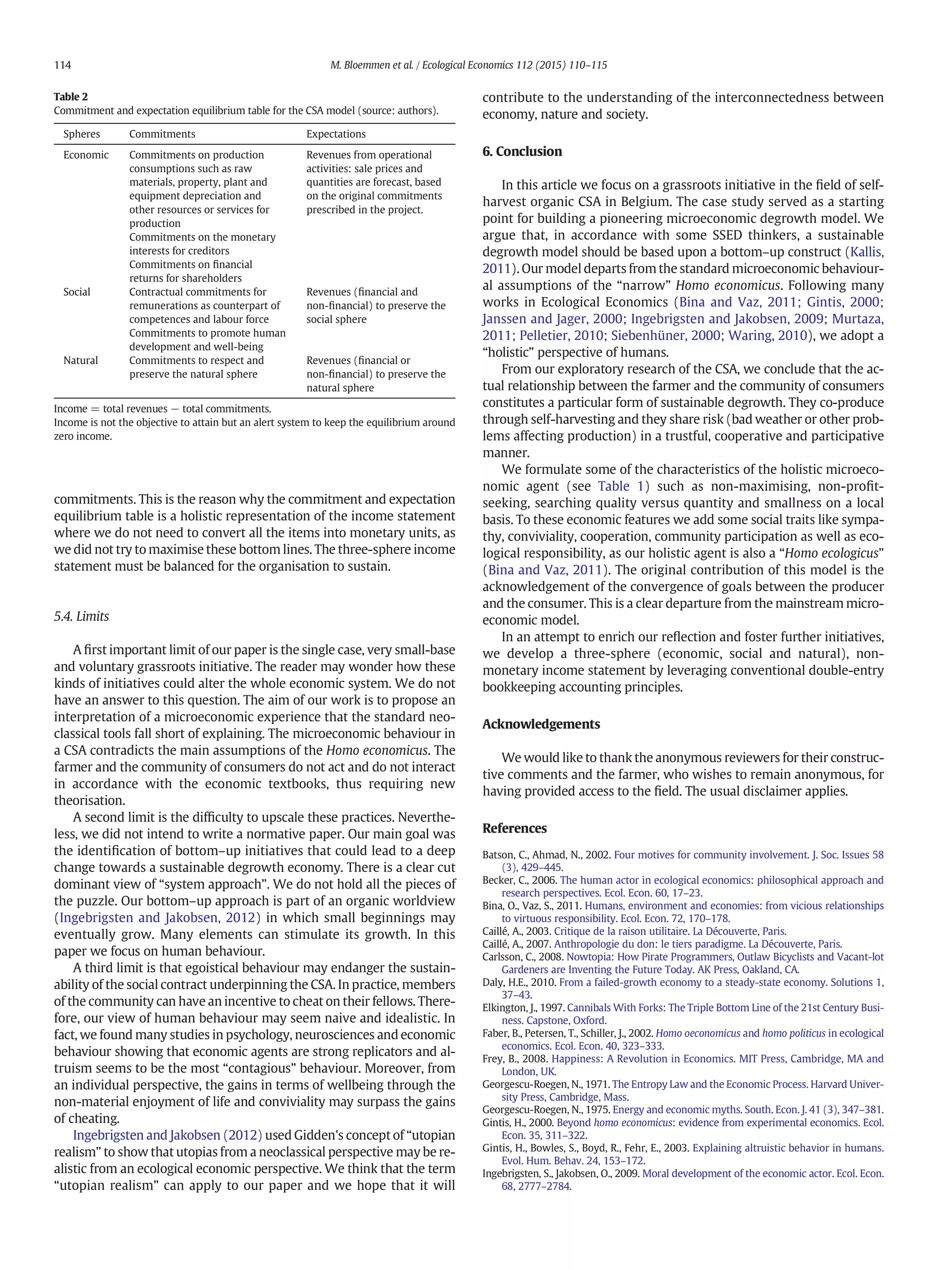 commitments. This is the reason why the commitment and expectation
equilibrium table is a holistic representation of the income statement
where we do not need to convert all the items into monetary units, as
we did not try to maximise these bottom lines. The three-sphere income
statement must be balanced for the organisation to sustain.
5.4. Limits
A ﬁrst important limit of our paper is the single case, very small-base
and voluntary grassroots initiative. The reader may wonder how these
kinds of initiatives could alter the whole economic system. We do not
have an answer to this question. The aim of our work is to propose an
interpretation of a microeconomic experience that the standard neo-
classical tools fall short of explaining. The microeconomic behaviour in
a CSA contradicts the main assumptions of the Homo economicus. The
farmer and the community of consumers do not act and do not interact
in accordance with the economic textbooks, thus requiring new
theorisation.
A second limit is the difﬁculty to upscale these practices. Neverthe-
less, we did not intend to write a normative paper. Our main goal was
the identiﬁcation of bottom–up initiatives that could lead to a deep
change towards a sustainable degrowth economy. There is a clear cut
dominant view of “system approach”. We do not hold all the pieces of
the puzzle. Our bottom–up approach is part of an organic worldview
(Ingebrigsten and Jakobsen, 2012) in which small beginnings may
eventually grow. Many elements can stimulate its growth. In this
paper we focus on human behaviour.
A third limit is that egoistical behaviour may endanger the sustain-
ability of the social contract underpinning the CSA. In practice, members
of the community can have an incentive to cheat on their fellows. There-
fore, our view of human behaviour may seem naive and idealistic. In
fact, we found many studies in psychology, neurosciences and economic
behaviour showing that economic agents are strong replicators and al-
truism seems to be the most “contagious” behaviour. Moreover, from
an individual perspective, the gains in terms of wellbeing through the
non-material enjoyment of life and conviviality may surpass the gains
of cheating.
Ingebrigsten and Jakobsen (2012) used Gidden's concept of “utopian
realism” to show that utopias from a neoclassical perspective may be re-
alistic from an ecological economic perspective. We think that the term
“utopian realism” can apply to our paper and we hope that it will
contribute to the understanding of the interconnectedness between
economy, nature and society.
6. Conclusion
In this article we focus on a grassroots initiative in the ﬁeld of self-
harvest organic CSA in Belgium. The case study served as a starting
point for building a pioneering microeconomic degrowth model. We
argue that, in accordance with some SSED thinkers, a sustainable
degrowth model should be based upon a bottom–up construct (Kallis,
2011). Our model departs from the standard microeconomic behaviour-
al assumptions of the “narrow” Homo economicus. Following many
works in Ecological Economics (Bina and Vaz, 2011; Gintis, 2000;
Janssen and Jager, 2000; Ingebrigsten and Jakobsen, 2009; Murtaza,
2011; Pelletier, 2010; Siebenhüner, 2000; Waring, 2010), we adopt a
“holistic” perspective of humans.
From our exploratory research of the CSA, we conclude that the ac-
tual relationship between the farmer and the community of consumers
constitutes a particular form of sustainable degrowth. They co-produce
through self-harvesting and they share risk (bad weather or other prob-
lems affecting production) in a trustful, cooperative and participative
manner.
We formulate some of the characteristics of the holistic microeco-
nomic agent (see Table 1) such as non-maximising, non-proﬁt-
seeking, searching quality versus quantity and smallness on a local
basis. To these economic features we add some social traits like sympa-
thy, conviviality, cooperation, community participation as well as eco-
logical responsibility, as our holistic agent is also a “Homo ecologicus”
(Bina and Vaz, 2011). The original contribution of this model is the
acknowledgement of the convergence of goals between the producer
and the consumer. This is a clear departure from the mainstream micro-
economic model.
In an attempt to enrich our reﬂection and foster further initiatives,
we develop a three-sphere (economic, social and natural), non-
monetary income statement by leveraging conventional double-entry
bookkeeping accounting principles.
Acknowledgements
We would like to thank the anonymous reviewers for their construc-
tive comments and the farmer, who wishes to remain anonymous, for
having provided access to the ﬁeld. The usual disclaimer applies.
References
Batson, C., Ahmad, N., 2002. Four motives for community involvement. J. Soc. Issues 58
(3), 429–445.
Becker, C., 2006. The human actor in ecological economics: philosophical approach and
research perspectives. Ecol. Econ. 60, 17–23.
Bina, O., Vaz, S., 2011. Humans, environment and economies: from vicious relationships
to virtuous responsibility. Ecol. Econ. 72, 170–178.
Caillé, A., 2003. Critique de la raison utilitaire. La Découverte, Paris.
Caillé, A., 2007. Anthropologie du don: le tiers paradigme. La Découverte, Paris.
Carlsson, C., 2008. Nowtopia: How Pirate Programmers, Outlaw Bicyclists and Vacant-lot
Gardeners are Inventing the Future Today. AK Press, Oakland, CA.
Daly, H.E., 2010. From a failed-growth economy to a steady-state economy. Solutions 1,
37–43.
Elkington, J., 1997. Cannibals With Forks: The Triple Bottom Line of the 21st Century Busi-
ness. Capstone, Oxford.
Faber, B., Petersen, T., Schiller, J., 2002. Homo oeconomicus and homo politicus in ecological
economics. Ecol. Econ. 40, 323–333.
Frey, B., 2008. Happiness: A Revolution in Economics. MIT Press, Cambridge, MA and
London, UK.
Georgescu-Roegen, N., 1971. The Entropy Law and the Economic Process. Harvard Univer-
sity Press, Cambridge, Mass.
Georgescu-Roegen, N., 1975. Energy and economic myths. South. Econ. J. 41 (3), 347–381.
Gintis, H., 2000. Beyond homo economicus: evidence from experimental economics. Ecol.
Econ. 35, 311–322.
Gintis, H., Bowles, S., Boyd, R., Fehr, E., 2003. Explaining altruistic behavior in humans.
Evol. Hum. Behav. 24, 153–172.
Ingebrigsten, S., Jakobsen, O., 2009. Moral development of the economic actor. Ecol. Econ.
68, 2777–2784.
Table 2
Commitment and expectation equilibrium table for the CSA model (source: authors).
Spheres Commitments Expectations
Economic Commitments on production
consumptions such as raw
materials, property, plant and
equipment depreciation and
other resources or services for
production
Commitments on the monetary
interests for creditors
Commitments on ﬁnancial
returns for shareholders
Revenues from operational
activities: sale prices and
quantities are forecast, based
on the original commitments
prescribed in the project.
Social Contractual commitments for
remunerations as counterpart of
competences and labour force
Commitments to promote human
development and well-being
Revenues (ﬁnancial and
non-ﬁnancial) to preserve the
social sphere
Natural Commitments to respect and
preserve the natural sphere
Revenues (ﬁnancial or
non-ﬁnancial) to preserve the
natural sphere
Income = total revenues − total commitments.
Income is not the objective to attain but an alert system to keep the equilibrium around
zero income.
114 M. Bloemmen et al. / Ecological Economics 112 (2015) 110–115
 