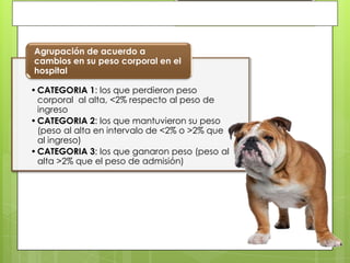 Agrupación de acuerdo a
cambios en su peso corporal en el
hospital

• CATEGORIA 1: los que perdieron peso
  corporal al alta, <2% respecto al peso de
  ingreso
• CATEGORIA 2: los que mantuvieron su peso
  (peso al alta en intervalo de <2% o >2% que
  al ingreso)
• CATEGORIA 3: los que ganaron peso (peso al
  alta >2% que el peso de admisión)
 