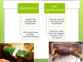 No
significativo
                      significativo

     Ingesta de         Tipo de soporte
    energía-alta        nutricional-alta
    hospitalaria          hospitalaria


                          Para los varios
  Alta ingesta de
                        tipos de soporte
      energía-
                          el alta Vs PSS
  nutrición enteral
                            fue similar
 