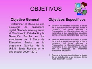 OBJETIVOS Objetivo General Determinar el efecto de una estrategia de enseñanza digital Blended- learning sobre el Rendimiento Estudiantil y la Deserción Escolar en los estudiantes de III Etapa de Educación Básica en la asignatura Química de la U.E.N. Santa Rosalía en el año escolar 2009 – 2010 Objetivos Específicos Medir el rendimiento estudiantil a través de la aplicación de una prueba sobre el contenido del tema referente a Propiedades No Características de los materiales a los estudiantes atendidos con la estrategia digital Blended-learning Medir el rendimiento estudiantil a través de la aplicación de una prueba sobre el contenido del tema referente a Propiedades No Características de los materiales a los estudiantes atendidos con la estrategia de enseñanza Tradicional Expositiva. Comparar las nóminas iniciales y finales de los estudiantes y así conocer donde hubo deserción escolar 