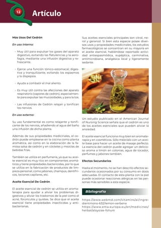 12
Artículo
Un estudio publicado en el American Journal
of Nursing Science señala que el cedrón es uno
de los aceites esenciales que pueden aliviar la
ansiedad.
El aceite esencial funciona muy bien en aromate-
rapia y en cosméticos. Sólo mézclalo con un acei-
te base para hacer un aceite de masaje perfecto.
La esencia del cedrón puede agregar un delicio-
so aroma a limón en colonias, agua de tocador,
perfumes y jabones también.
Efectos Secundarios
Hasta el momento, no se han descrito efectos se-
cundarios ocasionados por su consumo en dosis
adecuadas. El contacto de esta planta con la piel
puede ocasionar reacciones alérgicas en las per-
sonas más sensibles a esta especie.
https://www.webmd.com/vitamins/ai/ingre-
dientmono-632/lemon-verbena
https://www.ema.europa.eu/en/medicines/
herbal/aloysiae-folium
Bibliografía
Sus aceites esenciales principales son citral, ne-
rol y geraniol. Si bien esta especie posee diver-
sos usos y propiedades medicinales, los estudios
farmacológicos se concentran en su mayoría en
el aceite esencial, habiéndose reportado activi-
dad antiespasmódica, eupéptica, carminativa,
antimicrobiana, analgésica local y ligeramente
sedante.
Más Usos Del Cedrón
En uso interno:
• Muy útil para expulsar los gases del aparato
digestivo, evitando las ﬂatulencias y la aero-
fagia, mediante una infusión digestiva y re-
frescante.
• Ejerce una función tónico-estomacal, diges-
tiva y tranquilizante, evitando los espasmos
y la dispepsia.
• Ayuda a combatir el mal aliento.
• Es muy útil contra las afecciones del aparato
respiratorio (vapores de cedrón), especialmen-
te para expulsar las mucosidades, y para la tos.
• Las infusiones de Cedrón relajan y toniﬁcan
los nervios.
En uso externo:
Su uso fundamental es como relajante y toniﬁ-
cante de los nervios, añadiendo al agua del baño
una infusión de dicha planta.
Además de sus propiedades medicinales, el ce-
drón puede emplearse en la cocina como planta
aromática, así como en la elaboración de la fa-
mosa salsa de cedrón y en cócteles y mezclas de
bebidas frías.
También se utiliza en perfumería, ya que su acei-
te esencial es muy rico en componentes aromá-
ticos y tiene propiedades bactericidas, por lo que
se utiliza en la fabricación de productos de lim-
pieza personal, como jabones, champús, dentífri-
cos, lociones capilares, etc.
Aceite Esencial De Cedrón
El aceite esencial de cedrón se utiliza en aroma-
terapia para ayudar a aliviar los problemas di-
gestivos y aliviar los trastornos de la piel como el
acné, forúnculos y quistes. Se dice que el aceite
esencial tiene propiedades insecticidas y anti-
bacterianas.
 