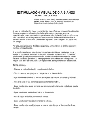 ESTIMULACIÓN VISUAL DE 0 A 6 AÑOS<br />PROPUESTA DE OBJETIVOS<br />Tomado de RUIZ y otros (1989): Intervención educativa con niños de baja visión. Málaga: Junta de Andalucía. Consejería de Educación y Ciencia. Delegación Provincial.<br />Si bien la estimulación visual es una técnica específica que requiere la aplicación de programas especialmente diseñados y llevados a cabo por personal especializado, no es menos cierto que el desarrollo de la visión de un niño o una niña con déficit visual requiere un uso continuado de la actividad visual en el entorno escolar o familiar o cuando sale a pasear, o de compras, o a jugar con sus amigos.<br />Por ello, esta propuesta de objetivos para su aplicación en el ámbito escolar y familiar principalmente.<br />Si su bebé o su alumno o su alumna no realiza este tipo de conductas, no se agobie y, sin crearle ansiedad, trabájelas en casa o en la escuela. Es quot;
normalquot;
 que si tiene graves problemas visuales, no realice determinado tipo de tareas visuales a la edad que se cita, o tenga grandes dificultades en conseguirlas. En ningún caso deje de consultar a un especialista. Es lo primero que debe hacer.<br />De 0 a 6 meses.<br />- Atiende al estimulo visual y reacciona ante la luz.<br />- Gira la cabeza, los ojos y/o el cuerpo hacia la fuente de luz.<br />- Fija rudimentariamente la mirada en objetos de colores brillantes y móviles.<br />- Mira a la cara de las personas (especialmente la madre).<br />- Sigue con los ojos a una persona que se mueve directamente en la línea media de visión.<br />- Sigue objetos en movimiento hacia la línea media.<br />- Mira al lugar de donde proviene un sonido.<br />- Sigue una luz con los ojos moviendo la cabeza.<br />- Sigue con los ojos un objeto que se mueve más allá de la línea media de su cuerpo.<br />- Sonríe ante los gestos faciales del adulto.<br />- Mantiene la mirada en dirección a su mano.<br />- Mira sus manos y juega con ellas.<br />- Sigue un objeto con la vista en una trayectoria de 90.<br />- Mantiene contacto visual con objetos multicolores durante tres segundos.<br />- Observa sus pies al moverlos.<br />- Sostiene y observa un objeto que se le da.<br />- Dirige la mirada moviendo la cabeza en dirección a un objeto que se cae.<br />- Recoge un objeto de colores brillantes que ha soltado previamente.<br />- Se acerca y toca un objeto a una distancia de 15-30 cm.<br />- Fija la mirada alternativamente en dos objetos.<br />De 6 a 12 meses.<br />- Busca con frecuencia el contacto visual cuando se le atiende.<br />- Localiza visualmente un objeto que ha sido retirado de su campo visual.<br />- Localiza y alcanza un objeto preferido.<br />- Localiza visualmente un objeto grande que ha dejado caer y lo recoge.<br />- Deja caer deliberadamente un objeto para recoger otro que le atrae visualmente.<br />- Imita ademanes y acciones sencillas.<br />- Extiende un objeto al adulto y se lo da.<br />- Introduce y extrae objetos de un recipiente grande.<br />- Fija la mirada en un objeto pequeño.<br />- Encaja formas geométricas sencillas.<br />- Coloca una clavija redonda gruesa en un tablero perforado.<br />- Empuja tres bloques como si fuese un tren.<br />De 1 a 2 años.<br />- Explora activamente su medio ambiente.<br />- Imita tareas simples.<br />- Empareja objetos sencillos.<br />- Arroja objetos grandes y pequeños y los localiza.<br />- Imita la posición en que se colocan los objetos.<br />- Comparte con el adulto la observación y lectura de un cuento.<br />- Saca varios objetos de un recipiente de uno en uno.<br />- Introduce y saca objetos de un recipiente cada vez más estrecho.<br />- Escoge entre varios objetos cuando se le pide.<br />- Señala partes de su cuerpo en la imagen del espejo.<br />- Construye una torre con tres bloques.<br />- Construye trenes con cubos en fila.<br />- Empareja objetos y láminas iguales.<br />- Garabatea.<br />- Introduce y saca clavijas en un tablero perforado (al menos cinco).<br />- Señala la figura que se le nombra utilizando fotografías o ilustraciones grandes de objetos comunes.<br />- Pasa las páginas de un libro para encontrar una figura.<br />- Hace rodar una pelota imitando al adulto.<br />- Coloca cuatro aros en una clavija.<br />- Ensarta anillas pequeñas y bolas en un eje.<br />- Imita un movimiento circular.<br />- Discrimina visualmente el círculo y el cuadrado mediante encaje de piezas.<br />- Busca y ubica objetos sencillos en lugares concretos.<br />- Se reconoce en una fotografía.<br />De 2 a 3 años.<br />- Completa un tablero de formas geométricas de tres piezas.<br />- Agrupa objetos atendiendo al color.<br />- Empareja objetos del mismo tamaño cuando se le presentan dos tamaños.<br />- Señala objetos grandes y pequeños cuando se le pide.<br />- Golpea estaquillas en un tablero con un martillo.<br />- Construye torres de hasta diez cubos.<br />- Une dos partes de una figura para formar un todo.<br />- Ensarta cuentas grandes en un cordón rígido.<br />- Empareja figuras geométricas.<br />- Pasa las páginas de un libro de una en una.<br />- Encaja las tapaderas en los envases.<br />- Abre y cierra cajas enroscables.<br />- Lanza y atrapa un balón con ambas manos en posición de pie<br />- Utiliza los conceptos encima y debajo para ubicar objetos respecto a sí mismo y posteriormente respecto a otros objetos.<br />- Mueve las partes del cuerpo delante de un espejo y las identifica.<br />- Llena y vacía recipientes con arena, agua, etc.<br />- Introduce por tamaños cinco o más aros en una clavija con el soporte en reposo y posteriormente en movimiento.<br />- Desatornilla juguetes que encajan unos dentro de otros.<br />- Dobla un papel por la mitad imitando al adulto.<br />- Realiza lotes de hasta seis figuras.<br />- Empareja una figura geométrica con una ilustración de la misma.<br />- Imita el trazo vertical.<br />- Imita el trazo horizontal.<br />- Construye puzles de hasta tres piezas.<br />- Reconoce las acciones representadas en las ilustraciones de los cuentos y las imita.<br />- Hace bolas de plastilina.<br />De 3 a 4 años.<br />- Reconoce tres colores y tres formas.<br />- Discrimina visualmente objetos grandes y pequeños.<br />- Discrimina visualmente objetos largos y cortos.<br />- Señala y reconoce diez partes del cuerpo.<br />- Reconoce y añade un brazo y/o una pierna a una figura incompleta de un hombre.<br />- Une partes de una figura para formar un todo.<br />- Clasifica objetos atendiendo a distintas categorías.<br />- Construye un puente de tres bloques imitando al adulto.<br />- Reproduce una secuencia o un diseño simple de cinco bloques.<br />- Ensarta bolas en un cordón flexible.<br />- Empareja objetos e ilustraciones atendiendo a los conceptos igual/diferente.<br />- Hace seriaciones simples después de ver un modelo.<br />- Camina entre dos líneas colocadas a 80 cm. una de otra.<br />- Dibuja una cruz imitando al adulto.<br />- Dibuja una línea diagonal de esquina a esquina en un cuadrado de papel de 10 cm.<br />- Corta papeles con tijeras.<br />- Colorea superficies simples.<br />- Abre y cierra con llaves.<br />- Patea una pelota que rueda hacia él.<br />- Recoge una pelota con las dos manos que se arroja desde una distancia inferior a un metro.<br />- Construye puzles de hasta 6 piezas grandes.<br />- Cuenta objetos hasta diez.<br />- Traza siguiendo el contorno de una plantilla.<br />De 4 a 5 años.<br />- Identifica y utiliza los objetos corrientes necesarios para el aseo.<br />- Reproduce un triángulo.<br />- Reconoce el elemento que falta cuando se quita un elemento de un conjunto de tres.<br />- Localiza una peseta, cinco pesetas y veinticinco en un grupo de monedas.<br />- Distingue ocho colores y los nombra.<br />- Nombra y describe fotografías de acciones simples y claramente representadas.<br />- Dibuja de forma esquemática la figura humana.<br />- Recorta a mano formas sencillas de papel.<br />- Pica con punzón.<br />- Corta con tijeras papeles siguiendo líneas abiertas o cerradas.<br />- Recuerda cuatro objetos que ha visto en una ilustración.<br />- Ordena cinco objetos por tamaño.<br />- Cuenta hasta diez objetos.<br />- Empareja símbolos sencillos.<br />- Construye una pirámide de diez bloques imitando al adulto.<br />- Selecciona objetos apropiados a la selección.<br />- Coloca objetos detrás de, al lado de, junto a otro que constituye el punto de referencia.<br />- Realiza ejercicios de trazo (pre-escritura).<br />- Copia un diseño de abalorios en un tablero.<br />- Hace conjuntos, de uno a diez elementos, siguiendo un modelo.<br />- Reconoce un objeto o un dibujo que no pertenece a una clase particular.<br />- Señala la parte que falta en una ilustración de un objeto.<br />- Hace seriaciones simples atendiendo a tamaño y color.<br />- Pone objetos por encima, encima, por debajo, dentro y a través de otros objetos.<br />- Reconoce posiciones: primero, en medio, último, en una serie de objetos.<br />- Describe objetos como largos o cortos.<br />- Hace rebotar y recoge una pelota grande.<br />- Realiza formas con plastilina uniendo dos o tres partes.<br />- Diferencia qué conjuntos tienen quot;
másquot;
 o quot;
menosquot;
.<br />- Dibuja figuras simples que se pueden reconocer como una casa, un hombre o un árbol.<br />- Recorta y pega formas simples.<br />- Realiza puzzles de hasta diez piezas.<br />- Se abotona y desabrocha la ropa.<br />- Ayuda a poner la mesa colocando bien los platos, servilletas y cubiertos.<br />- Imita posiciones de modelos vistos en imágenes.<br />De 5 a 6 años.<br />- Perfecciona el trazo.<br />- Recorta formas más complicadas.<br />- Escribe su nombre.<br />- Reconoce las vocales y algunas consonantes.<br />- Copia dibujos complejos.<br />- Ordena objetos en secuencia: ancho/estrecho, largo/corto.<br />- Localiza y nombra la izquierda y derecha en sí mismo y en un objeto o compañero.<br />- Reconoce posiciones en ilustraciones.<br />- reconoce palabras impresas.<br />- Nombra las posiciones de los objetos; primera, segunda, tercera, etc.<br />- Utilizando ilustraciones, reconoce entre objetos enteros y mitades.<br />- Hace rebotar una pelota y la controla.<br />- Puede copiar letras minúsculas.<br />- Escribe en letras de imprenta mayúscula grandes, aisladas en cualquier parte del papel.<br />- Colorea sin salirse de las líneas.<br />- Recorta figuras de revistas y catálogos sin salirse más de seis milímetros del borde.<br />- Cose con lana un diseño en cartulina.<br />- Pega recortes de papel con un orden establecido, sugerido o inventado.<br />