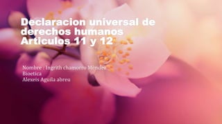 Declaracion universal de
derechos humanos
Articulos 11 y 12
Nombre : Ingrith chamorro Mèndez
Bioetica
Alexeis Aguila abreu
 