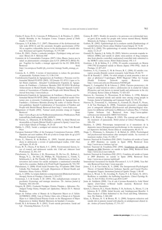 Prevention, assessment and treatment of suicidal behavior 961
anales de psicología, 2014, vol. 30, nº 3 (octubre)
Chishti, P, Stone, D. H., Corcoran, P, Williamson, E. & Petridou, E. (2003).
Suicide Mortality in the European Union. European Journal of Public
Health, 13, 108–114
Chioqueta, A. P. & Stiles, T. C. (2007). Dimensions of the dysfunctional atti-
tude scale (DAS-A) and the automatic thoughts questionnaire (ATQ-
30) as cognitive vulnerability factors in the development of suicide idea-
tion. Behavioural and Cognitive Psychotherapy, 35, 579–589
Cohen, R. (2001). Pruebas y evaluación psicológicas [Psychological testing and assess-
ment]. México D. F. McGraw Hill
Comisión de la Comunidades Europeas (2007): Libro Blanco Juntos por la
salud: un planteamiento estratégico para la UE (2008-2013) [White Pa-
per Together for health: a strategic approach for the EU 2008-2013].
Retrieved from
http://ec.europa.eu/health/ph_overview/strategy/health_strategy_es.
htm
Comtois, K. A. (2002). A review of interventions to reduce the prevalence
of parasuicide. Psychiatric Services 53, 1138–1144
Confederación Española de Agrupaciones de Familiares y Personas con En-
fermedad Mental-FEAFES (2003). XII Jornadas FEAFES: Logros en Sa-
lud Mental ¿Suficientes, Adecuados? Confederación Española de Agrupa-
ciones de Familiares y Enfermos Mentales [XII FEAFES Workshop:
Achievements in Mental Health: Sufficient, Adequate? Spanish Confed-
eration of Associations of Families and People with Mental Illness]. Re-
trieved from http://www.feafes.es
Confederación Española de Agrupaciones de Familiares y Personas con En-
fermedad Mental-FEAFES (2006). Afrontando la realidad del suicidio: Orien-
taciones para su prevención. Confederación Española de Agrupaciones de
Familiares y Enfermos Mentales [Facing the reality of suicide: Preven-
tion guidelines. Spanish Confederation of Associations of Families and
People with Mental Illness]. Retrieved from http:// www.feafes.com
Department of Health (2002). National suicide prevention strategy for England.
Retrieved from
http://www.dh.gov.uk/en/Publicationsandstatistics/Publications/Publ
icationsPolicyAndGuidance/DH_4009474
De Vicente, A., Albarracín, D. & Berdullas, S. (2008). La Salud Mental está
desatendida en España [Mental Health is ignored in Spain]. Consejo Gene-
ral de Colegios Oficiales de Psicólogos, 39, 25–26
Dublin, L. (1963). Suicide: a sociological and statistical study. New York: Ronald
Press
European Statistical Office of the European Commission-Eurostat. (2009).
Population and social conditions: Who dies of what in Europe before the age of 65?
Brussels: European Commission
Evans, E., Hawton, K. & Rodham, K. (2005). Suicidal phenomena and
abuse in adolescents: a review of epidemiological studies. Child Abuse
and Neglect, 29, 45–58
Evans, W. P., Owens, P. & Marsh, S. C. (2005). Environmental factors, lo-
cus of control, and adolescent suicide risk. Child and Adolescent Social
Work Journal, 22, 301–319
Fleischmann, A., Bertolote, J. M., Wasserman, D., De Leo, D., Bolhari, J.,
Botega, N. J., De Silva, D., Phillips, M., Vijayakumar, L., Värnik, A,
Schlebuschj, L. & Thi Thanhk, H.T. (2008): Effectiveness of brief in-
tervention and contact for suicide attempters: a randomized controlled
trial in five countries. Bulletin of the World Health Organization 86, 703–709
Fleischmann, A. (2008): World Suicide Prevention Day, 10 September 2008: Think
Globally, Plan Nationally, Act Locally. Department of Mental Health and
Substance Abuse. Geneva. WHO
García, A. (2006). La terapia dialéctico-comportamental [Dialectical behavior
therapy]. Revista de Psicología y Educación, 5, 255–272
Gottesman, I. I. & Gould, T. D. (2003). The endophenotype concept in
psychiatry: Etymology and strategic intentions. The American Journal of
Psychiatry, 160, 636–645
Gregory, R. (2001). Evaluación Psicológica: Historia, Principios y Aplicaciones [Psy-
chological Testing: History, Principles and Applications]. México D. F.: Manual
Moderno
Grupo de Trabajo sobre el Manejo de la Depresión Mayor en el Adulto
(GTMDMA) (2008). Guía de Práctica Clínica sobre el Manejo de la Depresión
Mayor en el Adulto [Clinical Practice Guide on the Management of Major
Depression in Adults]. Madrid: Ministerio de Sanidad y Consumo
Gould, M. S. & Kramer, R. A. (2001). Youth suicide prevention. Suicide and
Life - Threatening Behaviour, 31, 6–32.
Guinea, R. (2007). Modelo de atención a las personas con enfermedad men-
tal grave [Care model for people with serious mental illness]. Madrid.
Ministerio de Trabajo y Asuntos Sociales
Guibert, W. (2002). Epidemiología de la conducta suicida [Epidemiology of
suicidal behavior]. Revista cubana Medicina General Integral, 18, 72–82
Gunnell, D. J. (2000). The epidemiology of suicide. International Review of Psy-
chiatry, 12, 21–27
Gunnell, D., Saperia, J. & Ashby, D. (2005). Selective serotonin reuptake in-
hibitors (SSRIs) and suicide in adults: meta-analysis of drug company
data from placebo controlled, randomised controlled trials submitted to
the MHRA‟s safety review. British Medical Journal, 330, 1–5
Gutiérrez, J. M. & Molina, F. J. (1996). El suicidio consumado en Murcia
1990-1992 [Completed suicide in Murcia (Spain) 1990-1992]. Anales de
Psicología, 12, 207–215
Gutiérrez, A. G., Conteras, C. M. & Orozco, R. C. (2006). El suicidio: con-
ceptos actuales [Suicide: current concepts]. Salud Mental, 29, 66–74
Guo B. & Harstall, C. (2004). For which strategies of suicide prevention is there evi-
dence of effectiveness? Copenhagen, WHO Regional Office for Europe
(Health Evidence Network report) Retrieved from
http://www.euro.who.int/Document/E83583.pdf
Haquin, C., Larraguibel, M. & Cabezas, J. (2004). Factores protectores y de
riesgo en salud mental en niños y adolescentes de la ciudad de Calama
[Protective and risk factors in mental health and adolescents in the city
of Calama]. Revista Chilena de Pediatria, 75, 425–433
Hawton, K., Arensman, E., Wasserman, D. & Hulten, A. (1998). Relation
between attempted suicide and suicide rates among young people in
Europe. Journal of Epidemiology and Community Health, 52, 191–194
Hawton, K., Townsend, E., Arensman, E., Gunnell, D., Hazell, P., House,
A. & Van Heeringen, K. (2008). Tratamientos psicosociales y farmacológicos
para la autoagresión deliberada [Psychosocial and pharmacological treat-
ments for deliberate self harm]. La Biblioteca Cochrane Plus, 3. Oxford,
Update Software Ltd. Retrieved from http://www.update-
software.com/abstractsES/AB001764-ES.htm
Hirsch, S. R., Walsh, C. & Draper, R. (1983). The concept and efficacy of
the treatment of parasuicide. British Journal of Clinical Pharmacology, 15,
189–194
Heerlein, A. (2002). Psicoterapia interpersonal en el tratamiento de la
depresión mayor [Interpersonal psychotherapy in the treatment of ma-
jor depressive disorder]. Revista chilena de neuropsiquiatria, 40, 63–76
Hepp, U., Wittmann, L., Schnyder, U. & Michel, K. (2004). Psychological
and psychosocial interventions after attempted suicide. An overview of
treatment studies. Crisis, 25, 108–17
Instituto Nacional de Estadística-INE (2003). Estadísticas del suicidio en España
en 2003 [Statistics on suicide in Spain 2003]. Retrieved from
http://www.ine.es/inebase/cgi/axi
Instituto Nacional de Estadística-INE (2006). Estadísticas del suicidio en
España en 2006 [Statistics on suicide in Spain 2006]. Retrieved from
http://www.ine.es/jaxi/tabla.do
Instituto Nacional de Estadística-INE (2011). Estadísticas del suicidio en España
en 2009 [Statistics on suicide in Spain 2009]. Retrieved from
http://www.ine.es/prensa/np664.pdf
International Association for Suicide Prevention-I. A. S. P. (2008). News Bul-
letin. Retrieved from http://www.iasp.info
Joiner, T. E. & Van Orden, K. A. (2008). The Interpersonal–Psychological:
Theory of Suicidal Behaviour Indicates Specific and Crucial Psycho-
therapeutic Targets. International Journal of Cognitive Therapy, 1, 80–89
Johnson, J., Wood, A. M., Gooding, P., Taylor, P. J. & Tarrier, N. (2011).
Resilience to suicidality: the buffering hypothesis. Clinical Psychology Re-
view, 31, 563–91 Doi: 10.1016/j.cpr.2010.12.007
Junta de Andalucía (2008). Una de cada 4 personas-Reconócelo-La Salud Mental
importa [1in4-Admit it-Mental health matters]. Retrieved from
http://www.1decada4.es
Kirsch, I., Deacon, B. J., Huedo-Medina, T. B., Scoboria, A., Moore, T. J. &
Johnson, B. T. (2008). Initial Severity and Antidepressant Benefits: A
Meta-Analysis of Data Submitted to the Food and Drug Administra-
tion. Plos Medicine, 5, 260–268
Khan, A., Warner, H. A. & Brown, W. A. (2000). Symptom reduction and
suicide risk in patients treated with placebo in antidepressant clinical tri-
als. Archives of General Psychiatry, 57, 311–317
 
