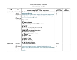 Escuela Normal Superior De Villahermosa
Didáctica delIdioma >extranjero
Stage Aim Procedure:
Teachers and students activity (Instructions)
Time and
interaction
Tutor’s
comments
Ambientación: Explorarlos
saberes
previosyel
vocabulario
que
manejanlos
estudiantes.
El profesorse presentae indica de que va a tratar la clase
Dinámica el reymanda
El profesorexplicacómohacerla dinámica,lacual consiste enmencionar
eningles algunosobjetosycada uno debe traerel objetomencionado;el
primeroentraerloseráel ganador.
Goodmorning
kids
My name is Duberney
Today we are going to learn the articlesa and an
So let’sstart
Let’s go out
Now we are goingto play the king commands.
I am the king
I say an objectand you must bring it here.
The first to bring has a point.
Whogets more pointsis the winner.
Ok, Very good
The objectis a ruler
The objectis a pencil
The objectis a color
The objectis an eraser
The objectis a notebook
Let’s go back to the classroom
15 min
t-s
w-c
Introducción Identificar
algunos
objetoscon
su
respectivo
Colorealos siguientesobjetos:
El profesorentregaraunahojade trabajo donde se encuentrandos
objetosconsu artículocorrespondiente,el estudiantedebecolorear dicho
objeto.
Anexo1
15 min
t-s
w-c
 