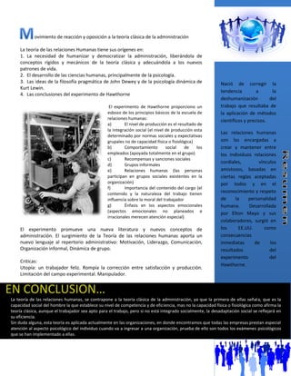 ovimiento de reacción y oposición a la teoría clásica de la administración

    La teoría de las relaciones Humanas tiene sus orígenes en:
    1. La necesidad de humanizar y democratizar la administración, liberándola de
    conceptos rígidos y mecánicos de la teoría clásica y adecuándola a los nuevos
    patrones de vida.
    2. El desarrollo de las ciencias humanas, principalmente de la psicología.
    3. Las ideas de la filosofía pragmática de John Dewey y de la psicología dinámica de                     Nació de corregir la
    Kurt Lewin.
                                                                                                             tendencia         a      la
    4. Las conclusiones del experimento de Hawthorne
                                                                                                             deshumanización         del
                                                   El experimento de Hawthorne proporciono un                trabajo que resultaba de
                                                  esbozo de los principios básicos de la escuela de          la aplicación de métodos
                                                  relaciones humanas:                                        científicos y precisos.
                                                  a)       El nivel de producción es el resultado de
                                                  la integración social (el nivel de producción esta
                                                                                                             Las relaciones humanas
                                                  determinado por normas sociales y expectativas
                                                  grupales no de capacidad física o fisiológica)             son las encargadas a
                                                  b)       Comportamiento         social   de    los         crear y mantener entre
                                                  empleados (apoyada totalmente en el grupo)                 los individuos relaciones
                                                  c)       Recompensas y sanciones sociales
                                                                                                             cordiales,        vínculos
                                                  d)       Grupos informales
                                                  e)       Relaciones humanas (las personas                  amistosos, basadas en
                                                  participan en grupos sociales existentes en la             ciertas reglas aceptadas
                                                  organización)                                              por todos y en el
                                                  f)       Importancia del contenido del cargo (el
                                                  contenido y la naturaleza del trabajo tienen               reconocimiento y respeto
                                                  influencia sobre la moral del trabajador                   de     la    personalidad
                                                  g)       Énfasis en los aspectos emocionales               humana.      Desarrollada
                                                  (aspectos emocionales no planeados e                       por Elton Mayo y sus
                                                  irracionales merecen atención especial)
                                                                                                             colaboradores, surgió en
    El experimento promueve una nueva literatura y nuevos conceptos de                                       los      EE.UU.      como
    administración. El surgimiento de la Teoría de las relaciones humanas aporta un                          consecuencias
    nuevo lenguaje al repertorio administrativo: Motivación, Liderazgo, Comunicación,                        inmediatas      de     los
    Organización informal, Dinámica de grupo.                                                                resultados             del
                                                                                                             experimento            del
    Criticas:
                                                                                                             Hawthorne.
    Utopía: un trabajador feliz. Rompía la corrección entre satisfacción y producción.
    Limitación del campo experimental. Manipulador.


EN CONCLUSION…
La teoría de las relaciones humanas, se contrapone a la teoría clásica de la administración, ya que la primera de ellas señala, que es la
capacidad social del hombre la que establece su nivel de competencia y de eficiencia, mas no la capacidad física o fisiológica como afirma la
teoría clásica, aunque el trabajador sea apto para el trabajo, pero si no está integrado socialmente, la desadaptación social se reflejará en
su eficiencia.
Sin duda alguna, esta teoría es aplicada actualmente en las organizaciones, en donde encontramos que todas las empresas prestan especial
atención al aspecto psicológico del individuo cuando va a ingresar a una organización, prueba de ello son todos los exámenes psicológicos
que se han implementado a ellas.
 