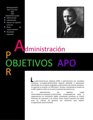 REPRESENTANTE
  Peter F Drucker
        AÑO
       1954
CONCEPTOS CLAVES
 Administrador
 Subordinados
 Fijación de objetivos
 comunes
 Áreas              de
 responsabilidad
 Resultados
 esperados




P
  A                      dministración

OBJETIVOS APO
R
                                a administración por objetivos (APO) o administración por resultados
                           constituye un modelo administrativo bastante difundido y plenamente
                           identificado con el espíritu pragmático y democrático de la teoría neoclásica.
                           Su aparición es reciente: en 1954 Peter F. Drucker, considerado el creador de
                           la APO, publicó un libro en el cual la caracterizó por primera vez.
                           La           administración        por           objetivos          surgió
                           como método de evaluación y control sobre el desempeño de áreas y
                           organizaciones en crecimiento rápido. Inicialmente constituyo un criterio
                           financiero de evaluación y de control. Como criterio financiero fue válido
                           pues los criterios de ganancia son suficientes para explicar
                           la organización social y humana.
 