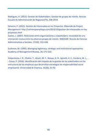 11
Rodríguez, A. (2013). Gestión de Stakeholders. Gestión de grupos de interés. Revista
Escuela de Administración de Negocios(75), 208-2010.
Salienro, P. (2013). Gestión de Interesados en los Proyectos. Obtenido de Project
Management: http://salineropampliega.com/2013/10/gestion-de-interesados-en-los-
proyectos.html
Suárez, J. (2007). Relaciones entre organizaciones y stakeholders: necesidad de una
interacción mutua entre los diversos grupos de interés. INNOVAR. Revista de Ciencias
Administrativas y Sociales, 17(30), 153-158.
Suchman, M. (1995). Managing legitimacy: strategic and institutional approaches.
Academy of Management Review, 20, 571-610.
Volpentesta, J. R., Chahín, T., Alcaín, M. F., Nievas, G. R., Spinelli, H. E., Cordero, M. I., . .
. Greco, P. (2016). Identificación del impacto de la gestión de los stakeholders en las
estructuras de las empresas que desarrollan estrategias de responsabilidad social
empresarial. Universidad & Empresa, 16(26), 63-92.
 