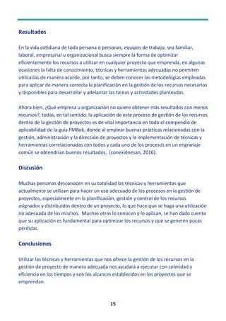 15
Resultados
En la vida cotidiana de toda persona o personas, equipos de trabajo, sea familiar,
laboral, empresarial u organizacional busca siempre la forma de optimizar
eficientemente los recursos a utilizar en cualquier proyecto que emprenda, en algunas
ocasiones la falta de conocimiento, técnicas y herramientas adecuadas no permiten
utilizarlas de manera acorde, por tanto, se deben conocer las metodologías empleadas
para aplicar de manera correcta la planificación en la gestión de los recursos necesarios
y disponibles para desarrollar y adelantar las tareas y actividades planteadas.
Ahora bien, ¿Qué empresa u organización no quiere obtener más resultados con menos
recursos?, todas, en tal sentido, la aplicación de este proceso de gestión de los recursos
dentro de la gestión de proyectos es de vital importancia en todo el compendio de
aplicabilidad de la guía PMBok, donde al emplear buenas prácticas relacionadas con la
gestión, administración y la dirección de proyectos y la implementación de técnicas y
herramientas correlacionadas con todos y cada uno de los procesos en un engranaje
común se obtendrían buenos resultados. (conexiónesan, 2016).
Discusión
Muchas personas desconocen en su totalidad las técnicas y herramientas que
actualmente se utilizan para hacer un uso adecuado de los procesos en la gestión de
proyectos, especialmente en la planificación, gestión y control de los recursos
asignados y distribuidos dentro de un proyecto, lo que hace que se haga una utilización
no adecuada de los mismos. Muchas otras lo conocen y lo aplican, se han dado cuenta
que su aplicación es fundamental para optimizar los recursos y que se generen pocas
pérdidas.
Conclusiones
Utilizar las técnicas y herramientas que nos ofrece la gestión de los recursos en la
gestión de proyecto de manera adecuada nos ayudará a ejecutar con celeridad y
eficiencia en los tiempos y con los alcances establecidos en los proyectos que se
emprendan.
 