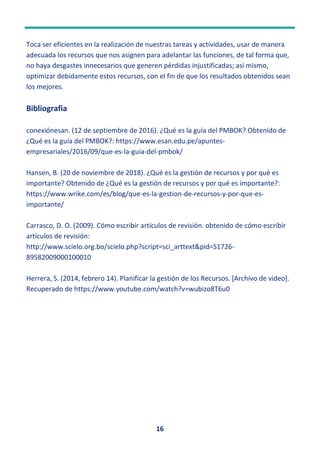 16
Toca ser eficientes en la realización de nuestras tareas y actividades, usar de manera
adecuada los recursos que nos asignen para adelantar las funciones, de tal forma que,
no haya desgastes innecesarios que generen pérdidas injustificadas; así mismo,
optimizar debidamente estos recursos, con el fin de que los resultados obtenidos sean
los mejores.
Bibliografia
conexiónesan. (12 de septiembre de 2016). ¿Qué es la guía del PMBOK? Obtenido de
¿Qué es la guía del PMBOK?: https://www.esan.edu.pe/apuntes-
empresariales/2016/09/que-es-la-guia-del-pmbok/
Hansen, B. (20 de noviembre de 2018). ¿Qué es la gestión de recursos y por qué es
importante? Obtenido de ¿Qué es la gestión de recursos y por qué es importante?:
https://www.wrike.com/es/blog/que-es-la-gestion-de-recursos-y-por-que-es-
importante/
Carrasco, D. O. (2009). Cómo escribir artículos de revisión. obtenido de cómo escribir
artículos de revisión:
http://www.scielo.org.bo/scielo.php?script=sci_arttext&pid=S1726-
89582009000100010
Herrera, S. (2014, febrero 14). Planificar la gestión de los Recursos. [Archivo de video].
Recuperado de https://www.youtube.com/watch?v=wubizo8T6u0
 