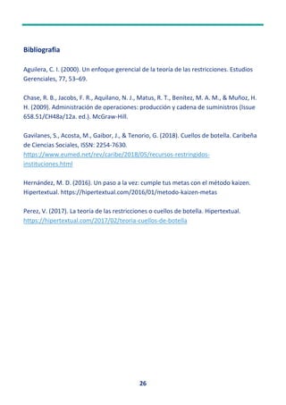 26
Bibliografia
Aguilera, C. I. (2000). Un enfoque gerencial de la teoría de las restricciones. Estudios
Gerenciales, 77, 53–69.
Chase, R. B., Jacobs, F. R., Aquilano, N. J., Matus, R. T., Benítez, M. A. M., & Muñoz, H.
H. (2009). Administración de operaciones: producción y cadena de suministros (Issue
658.51/CH48a/12a. ed.). McGraw-Hill.
Gavilanes, S., Acosta, M., Gaibor, J., & Tenorio, G. (2018). Cuellos de botella. Caribeña
de Ciencias Sociales, ISSN: 2254-7630.
https://www.eumed.net/rev/caribe/2018/05/recursos-restringidos-
instituciones.html
Hernández, M. D. (2016). Un paso a la vez: cumple tus metas con el método kaizen.
Hipertextual. https://hipertextual.com/2016/01/metodo-kaizen-metas
Perez, V. (2017). La teoría de las restricciones o cuellos de botella. Hipertextual.
https://hipertextual.com/2017/02/teoria-cuellos-de-botella
 