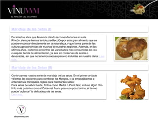 Maridaje de las Setas (I)
Durante los años que llevamos dando recomendaciones en este
Rincón, siempre hemos tenido predilección por este gran alimento que se
puede encontrar directamente en la naturaleza, y que forma parte de las
culturas gastronómicas de muchas de nuestras regiones. Además, en los
últimos años, podemos encontrar las variedades mas consumidas en casi
cualquier tienda de alimentación, ya sea en conservas de aceite o
desecadas, así que no tenemos excusa para no incluirlas en nuestra dieta. Leer
más.
Maridaje de las Setas (II)
Continuamos nuestra serie de maridaje de las setas. En el primer artículo
veíamos las opciones para combinar los Hongos, y ya empezábamos a
entender las principales reglas para maridar las setas:
Para setas de sabor fuerte, Tintos como Merlot o Pinot Noir, incluso algún otro
tinto más potente como el Cabernet Franc pero con poco tanino, el tanino
puede “aplastar” la delicadeza de las setas.
Leer más.
 