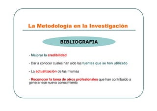 La Metodología en la Investigación
- Mejorar la credibilidad
- Dar a conocer cuales han sido las fuentes que se han utilizado
- La actualización de las mismas
- Reconocer la tarea de otros profesionales que han contribuido a
generar ese nuevo conocimiento
BIBLIOGRAFIA
 