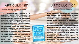 ARTÍCULO “15”
La Defensoría del Derecho a la
Seguridad Social debe promover la
participación activa de los ciudadanos
en la vigilancia y control del sistema de
seguridad social, así como en la defensa
de sus propios derechos. Esto implica
fomentar la educación y concientización
sobre los derechos y deberes en materia
de seguridad social, así como brindar
asesoría y apoyo a los ciudadanos que
requieran orientación sobre el sistema.
establece la creación de la Defensoría
del Derecho a la Seguridad Social como
un ente encargado de proteger y
promover los derechos de los
ciudadanos en materia de seguridad
social, así como fomentar su
participación activa en el sistema.
ARTÍCULO “16”
Defensoría del Derecho a la Seguridad
Social
Registro y Afiliación al Sistema
Hace referencia que todas las personas
que trabajen por cuenta propia o ajena,
así como los miembros de su familia que
dependan económicamente de ellos,
deben estar registrados y afiliados al
sistema de seguridad social. Esto
significa que tanto empleadores como
trabajadores tienen la responsabilidad de
asegurarse de que estén inscritos en el
sistema y cumplan con sus obligaciones
en materia de seguridad social. El
objetivo es garantizar que todos los
ciudadanos tengan acceso a los
beneficios y servicios que ofrece el
sistema de seguridad social, como la
protección en caso de enfermedad,
vejez, discapacidad, entre otros.
 