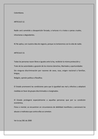 Colombiana.



ARTICULO 12.



Nadie será sometido a desaparición forzada, a torturas ni a tratos o penas crueles,

inhumanas o degradantes.



R/ No aplica, con nuestra idea de negocio, porque no tentaremos con la vida de nadie.



ARTICULO 13.



Todas las personas nacen libres e iguales ante la ley, recibirán la misma protección y

Trato de las autoridades y gozarán de los mismos derechos, libertades y oportunidades

Sin ninguna discriminación por razones de sexo, raza, origen nacional o familiar,
lengua,

Religión, opinión política o filosófica.



El Estado promoverá las condiciones para que la igualdad sea real y efectiva y adoptará

medidas en favor de grupos discriminados o marginados.



El Estado protegerá especialmente a aquellas personas que por su condición
económica,

Física o mental, se encuentren en circunstancia de debilidad manifiesta y sancionará los

abusos o maltratos que contra ellas se cometan.



Ver la Ley 581 de 2000
 