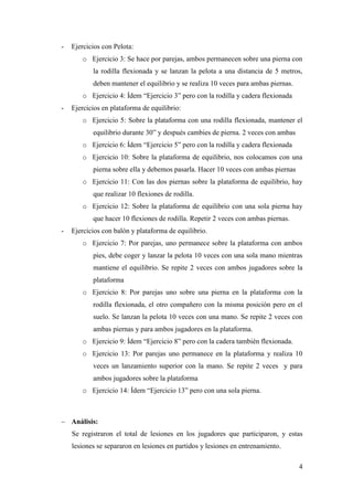 4
- Ejercicios con Pelota:
o Ejercicio 3: Se hace por parejas, ambos permanecen sobre una pierna con
la rodilla flexionada y se lanzan la pelota a una distancia de 5 metros,
deben mantener el equilibrio y se realiza 10 veces para ambas piernas.
o Ejercicio 4: Ídem “Ejercicio 3” pero con la rodilla y cadera flexionada
- Ejercicios en plataforma de equilibrio:
o Ejercicio 5: Sobre la plataforma con una rodilla flexionada, mantener el
equilibrio durante 30” y después cambies de pierna. 2 veces con ambas
o Ejercicio 6: Ídem “Ejercicio 5” pero con la rodilla y cadera flexionada
o Ejercicio 10: Sobre la plataforma de equilibrio, nos colocamos con una
pierna sobre ella y debemos pasarla. Hacer 10 veces con ambas piernas
o Ejercicio 11: Con las dos piernas sobre la plataforma de equilibrio, hay
que realizar 10 flexiones de rodilla.
o Ejercicio 12: Sobre la plataforma de equilibrio con una sola pierna hay
que hacer 10 flexiones de rodilla. Repetir 2 veces con ambas piernas.
- Ejercicios con balón y plataforma de equilibrio.
o Ejercicio 7: Por parejas, uno permanece sobre la plataforma con ambos
pies, debe coger y lanzar la pelota 10 veces con una sola mano mientras
mantiene el equilibrio. Se repite 2 veces con ambos jugadores sobre la
plataforma
o Ejercicio 8: Por parejas uno sobre una pierna en la plataforma con la
rodilla flexionada, el otro compañero con la misma posición pero en el
suelo. Se lanzan la pelota 10 veces con una mano. Se repite 2 veces con
ambas piernas y para ambos jugadores en la plataforma.
o Ejercicio 9: Ídem “Ejercicio 8” pero con la cadera también flexionada.
o Ejercicio 13: Por parejas uno permanece en la plataforma y realiza 10
veces un lanzamiento superior con la mano. Se repite 2 veces y para
ambos jugadores sobre la plataforma
o Ejercicio 14: Ídem “Ejercicio 13” pero con una sola pierna.
 Análisis:
Se registraron el total de lesiones en los jugadores que participaron, y estas
lesiones se separaron en lesiones en partidos y lesiones en entrenamiento.
 