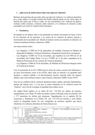  ¿Qué nexo de unión tienen todos estos tipos de violencia?
Partimos de la premisa de que todos ellos son tipos de violencia. La violencia doméstica
tal y como indica el Consejo General del Poder Judicial puede ser de varios tipos en
función del sujeto que lo lleve a cabo, así nos encontramos con: violencia de género,
violencia sobre ancianos, violencia sobre menores y la violencia de menores contra
ascendentes así como la violencia entre hermanos.
 Normativa:
En España en los últimos años se ha producido un notorio incremento de leyes a favor
de los derechos de las personas y en contra de la violencia de género, gracias a
movimientos de la sociedad civil. Siendo el rechazo social casi unánime en relación a la
violencia machista (Gimeno y Barrieros, 2009).
Así nacen normas como:
- Ley Orgánica 11/2003 de 29 de septiembre, de medidas Concretas en Materia de
Seguridad Ciudadana, Violencia Doméstica e Integración Social de los extranjeros.
- Ley Orgánica 15/2003 de 25 de noviembre, que modifica la L.O./1995 de 23 de
noviembre, del Código Penal o la Ley 27/2003 de 31 de julio, reguladora de la
Orden de Protección de las víctimas de violencia doméstica.
- Ley Orgánica 1/2004 de 28 de diciembre, de Medidas de Protección Integral contra
la Violencia de Género.
Con el nacimiento de la LO 1/2004 nace la crítica de ciertos sectores del feminismo y
de otros movimientos como el de LGTB, sobre todo en relación a la igualdad entre
hombres y mujeres debido a la discriminación positiva ejercida sobre las mujeres
debido a que como afirman autores como Gimeno y Barrieros (2009), Cook (1997).
Esta ley no combate toda la violencia doméstica (hijos, padres, personas dependientes,
parejas del mismo sexo…) si no que se centra solamente en la violencia contra las
“mujeres” con el fin de conseguir la igualdad entre ambos sexos.
En código Penal tipifica en su título III (art. 174-156) los delitos de lesiones,
seguidamente en el Título VI sobre los delitos contra la libertad, entre los artículos 169
y 171 menciona los delitos por amenazas. Seguidamente en el capítulo III las
coacciones y finalmente en el Título VII (art. 173-176) las torturas y otros delitos
contra la integridad moral. En este compendio de artículos aquellos que hacen
referencia a la violencia doméstica de forma directa son:
Art. Delito Pena
148 a) Uso de armas, objetos, medios… peligrosos.
b) Ensañamiento o alevosía.
c) Víctima: persona especialmente vulnerable.
d) Menores.
e) Esposa, mujer o ligada al autor por análoga relación
de afectividad aún sin convivencia.
Prisión 2 - 5 años atendiendo al resultado o riego.
153 El que por cualquier medio o procedimiento causare a otro
menoscabo psíquico o una lesión no definidos como delito en
este Código, o golpeare o maltratare de obra a otro sin causarle
lesión, cuando la ofendida sea o haya sido esposa, o mujer que
Prisión 6 meses a 1 año o trabajos en beneficio de la
comunidad de treinta y uno a ochenta días…
 