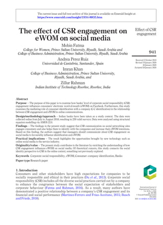 The eﬀect of CSR engagement on
eWOM on social media
Mobin Fatma
College for Women, Prince Sultan University, Riyadh, Saudi...