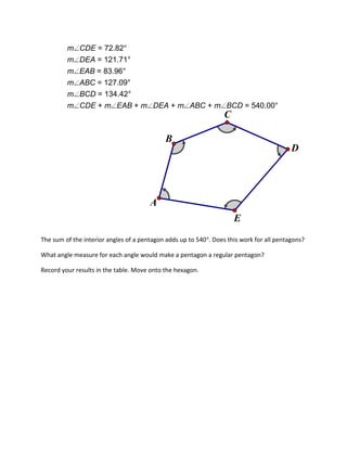 m
m
m
m
m
m

CDE = 72.82°
DEA = 121.71°
EAB = 83.96°
ABC = 127.09°
BCD = 134.42°
CDE + m EAB + m DEA + m ABC + m BCD = 540.00°

C
B
D

A
E
The sum of the interior angles of a pentagon adds up to 540 . Does this work for all pentagons?
What angle measure for each angle would make a pentagon a regular pentagon?
Record your results in the table. Move onto the hexagon.

 