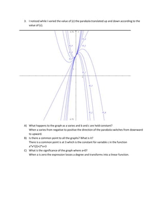 3. I noticed while I varied the value of (c) the parabola translated up and down according to the
value of (c).

A) What happens to the graph as a varies and b and c are held constant?
When a varies from negative to positive the direction of the parabola switches from downward
to upward.
B) Is there a common point to all the graphs? What is it?
There is a common point is at 3 which is the constant for variable c in the function
a*x^(2)+2*x+3
C) What is the significance of the graph where a=0?
When a is zero the expression losses a degree and transforms into a linear function.

 