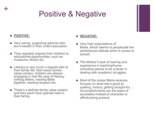 Positive & NegativePOSITIVE:Very caring, supportive parents who are invested in their child’s educationThey regularly expose their children to educational opportunities, such as museums, library etc.Literacy is very much a regular part of their family life: Dad reads stories (does voices), children are always engaging in real life uses of literacy (writing letters, reading Bible together, reading recipes) etc.There’s a definite family value system and they each have special roles in their family.NEGATIVE:Very high expectations of Maria, which seems to perpetuate her perfectionist attitude when it comes to school.The Mother’s lack of training and experience in teaching/home-schooling seems to be a factor in dealing with academic struggles.Most of the praise Maria receives focuses on what she’s good at… spelling, history, getting straight A’s… Accomplishments are the basis of accolades instead of character or efforts being praised.