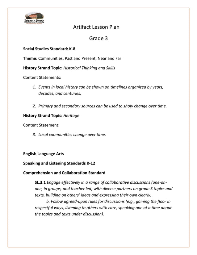 Artifact Lesson Plan Grade 3 | PDF