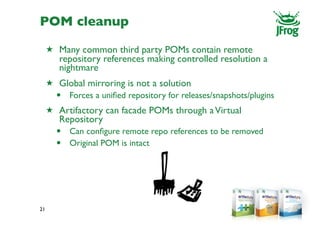 POM cleanup
     ★ Many common third party POMs contain remote
        repository references making controlled resolution a
        nightmare
     ★ Global mirroring is not a solution
       • Forces a uniﬁed repository for releases/snapshots/plugins
     ★ Artifactory can facade POMs through a Virtual
        Repository
       •   Can conﬁgure remote repo references to be removed
       •   Original POM is intact




21
 