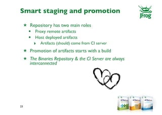 Smart staging and promotion
     ★ Repository has two main roles
       • Proxy remote artifacts
       • Host deployed artifacts
          ‣   Artifacts (should) come from CI server
     ★ Promotion of artifacts starts with a build
     ★ The Binaries Repository & the CI Server are always
        interconnected




23
 