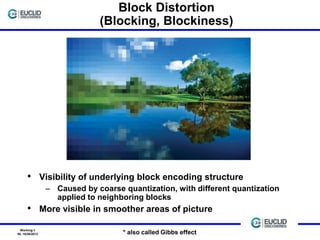 Block Distortion
(Blocking, Blockiness)

• Visibility of underlying block encoding structure
– Caused by coarse quantization, with different quantization
applied to neighboring blocks

• More visible in smoother areas of picture
Working-1
NL 10/26/2013

* also called Gibbs effect

 