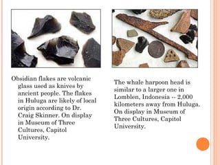 Obsidian flakes are volcanic
glass used as knives by
ancient people. The flakes
in Huluga are likely of local
origin according to Dr.
Craig Skinner. On display
in Museum of Three
Cultures, Capitol
University.
The whale harpoon head is
similar to a larger one in
Lomblen, Indonesia -- 2,000
kilometers away from Huluga.
On display in Museum of
Three Cultures, Capitol
University.
 