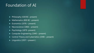 Foundation of AI
 Philosophy (428 BC- present)
 Mathematics (800 BC –present)
 Economics (1976 – present)
 Neuroscience (1866 – present)
 Psychology (1879- present)
 Computer Engineering (1940 – present)
 Control Theory and Cybernetics (1948 – present)
 Linguistics (1957 – present )
 