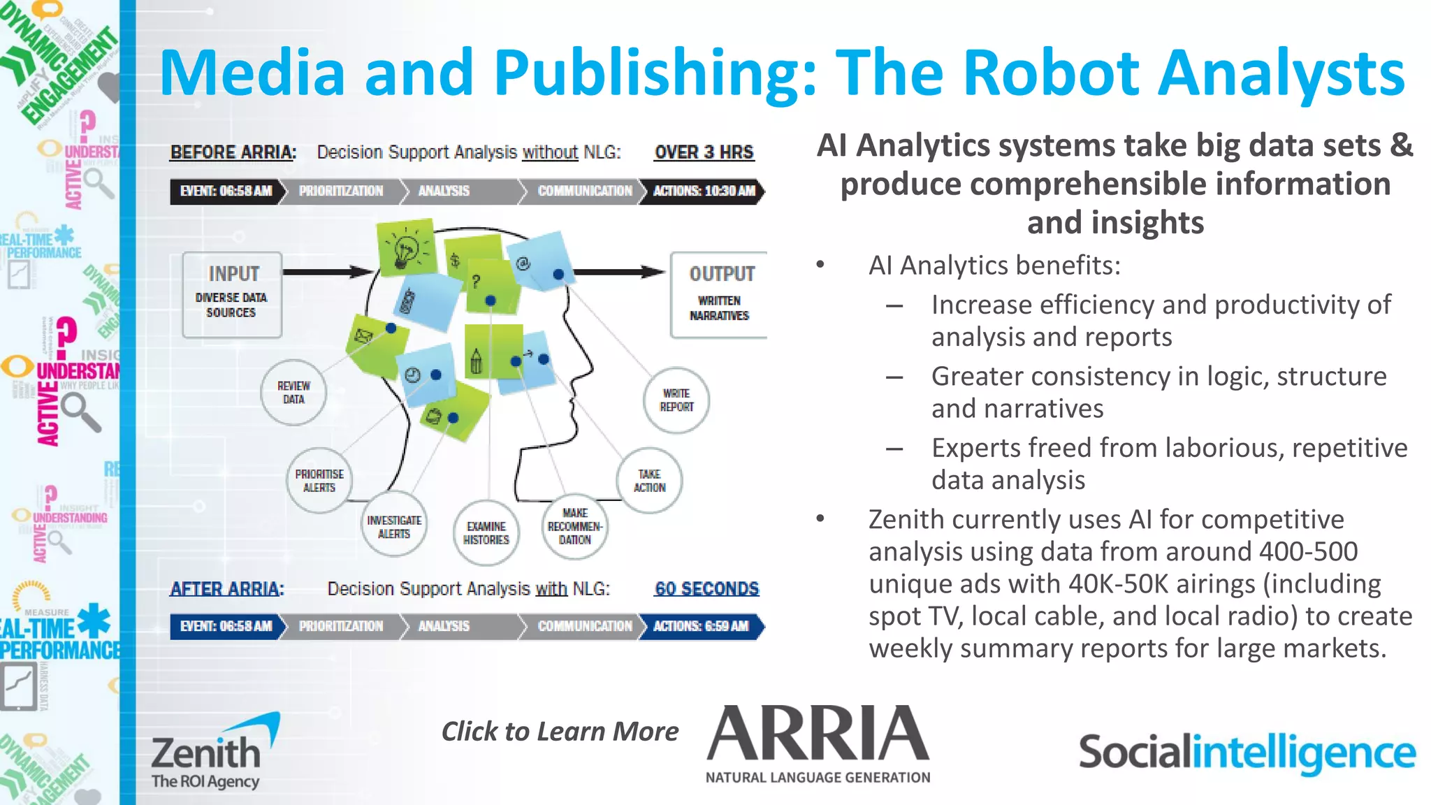 Media and Publishing: The Robot Analysts
AI Analytics systems take big data sets &
produce comprehensible information
and insights
• AI Analytics benefits:
– Increase efficiency and productivity of
analysis and reports
– Greater consistency in logic, structure
and narratives
– Experts freed from laborious, repetitive
data analysis
• Zenith currently uses AI for competitive
analysis using data from around 400-500
unique ads with 40K-50K airings (including
spot TV, local cable, and local radio) to create
weekly summary reports for large markets.
Click to Learn More
 