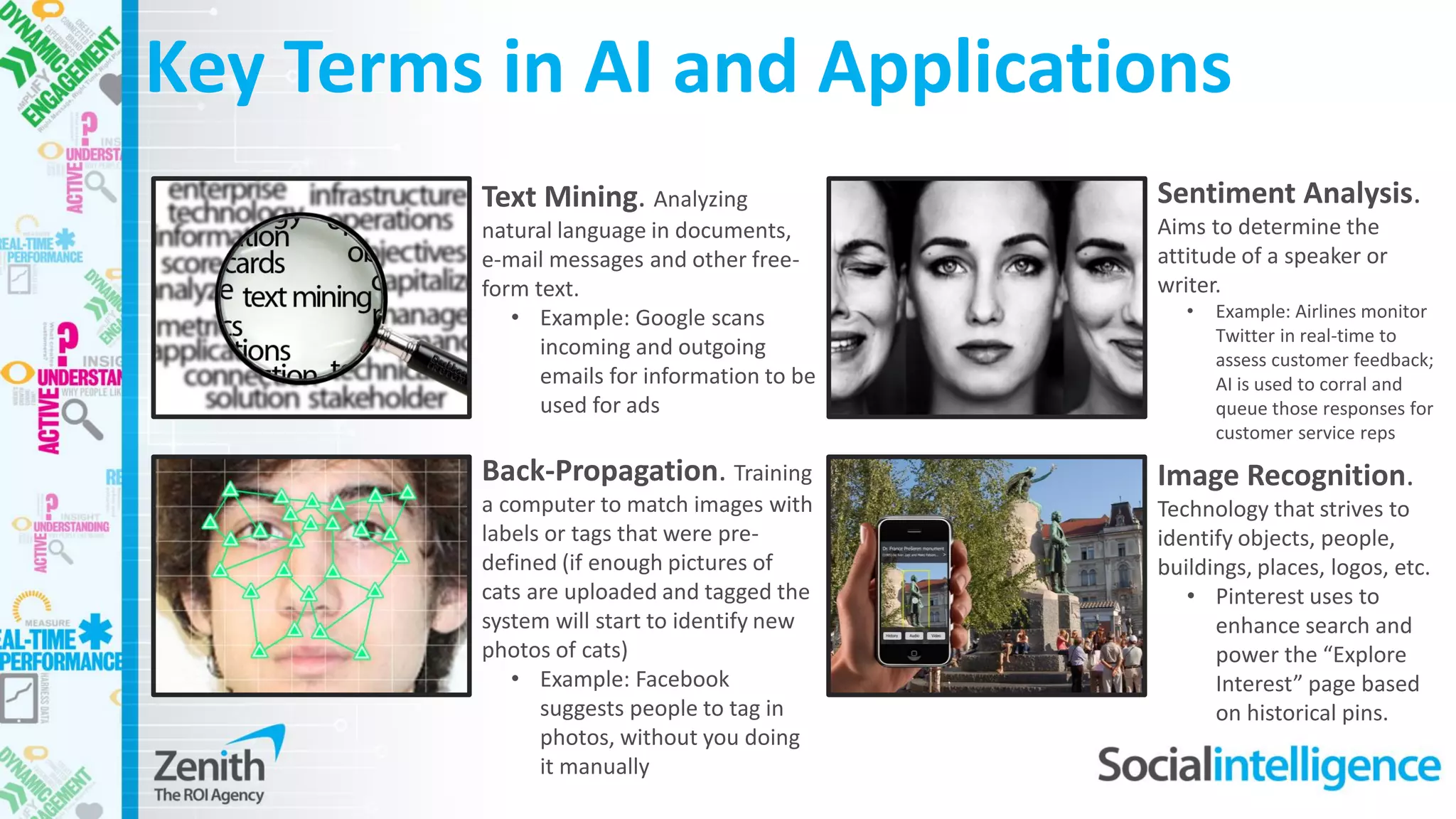 Key Terms in AI and Applications
Back-Propagation. Training
a computer to match images with
labels or tags that were pre-
defined (if enough pictures of
cats are uploaded and tagged the
system will start to identify new
photos of cats)
• Example: Facebook
suggests people to tag in
photos, without you doing
it manually
Text Mining. Analyzing
natural language in documents,
e-mail messages and other free-
form text.
• Example: Google scans
incoming and outgoing
emails for information to be
used for ads
Sentiment Analysis.
Aims to determine the
attitude of a speaker or
writer.
• Example: Airlines monitor
Twitter in real-time to
assess customer feedback;
AI is used to corral and
queue those responses for
customer service reps
Image Recognition.
Technology that strives to
identify objects, people,
buildings, places, logos, etc.
• Pinterest uses to
enhance search and
power the “Explore
Interest” page based
on historical pins.
 