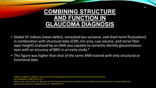 COMBINING STRUCTURE
AND FUNCTION IN
GLAUCOMA DIAGNOSIS
• Global VF indices (mean defect, corrected loss variance, and short-term fluctuation)
in combination with structural data (CDR, rim area, cup volume, and nerve fiber
layer height) analyzed by an ANN was capable to correctly identify glaucomatous
eyes with an accuracy of 88% in an early study.*
• This figure was higher than that of the same ANN trained with only structural or
functional data.
Brigatti L, Hoffman D, Caprioli J. Neural networks to identify glaucoma with structural and functional measurements.
Am J Ophthalmol. 1996;121:511–21.*
Bowd C, Hao J, Tavares IM, et al. Bayesian machine learning classifiers for combining structural and functional measurements to classify healthy and
glaucomatous eyes. Invest Ophthalmol Vis Sci. 2008;49:945–53.
54
 