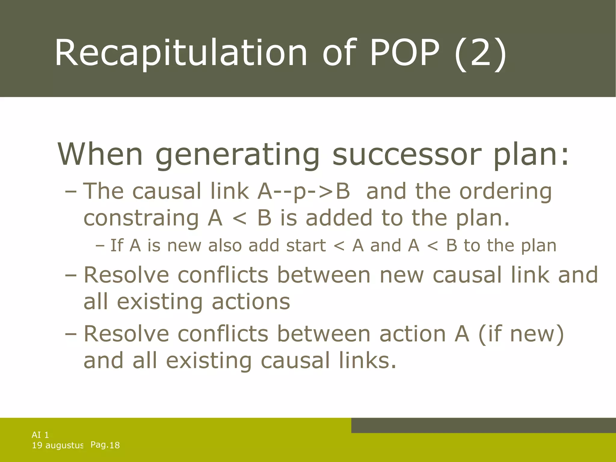Recapitulation of POP (2) When generating successor plan: The causal link A--p->B  and the ordering constraing A < B is added to the plan. If A is new also add start < A and A < B to the plan Resolve conflicts between new causal link and all existing actions Resolve conflicts between action A (if new) and all existing causal links. 