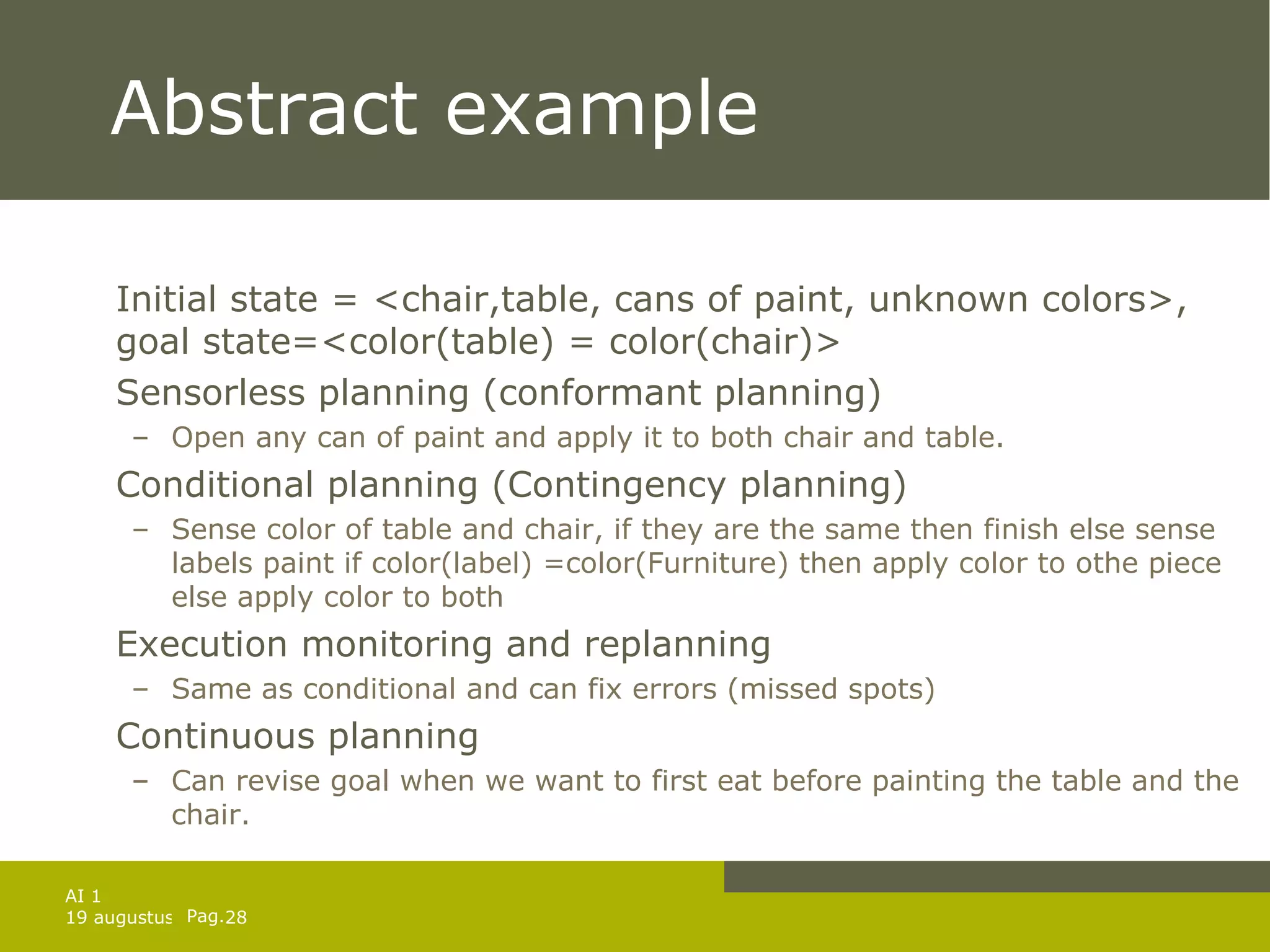 Abstract example Initial state = <chair,table, cans of paint, unknown colors>, goal state=<color(table) = color(chair)> Sensorless planning (conformant planning) Open any can of paint and apply it to both chair and table. Conditional planning (Contingency planning) Sense color of table and chair, if they are the same then finish else sense labels paint if color(label) =color(Furniture) then apply color to othe piece else apply color to both Execution monitoring and replanning Same as conditional and can fix errors (missed spots) Continuous planning  Can revise goal when we want to first eat before painting the table and the chair. 