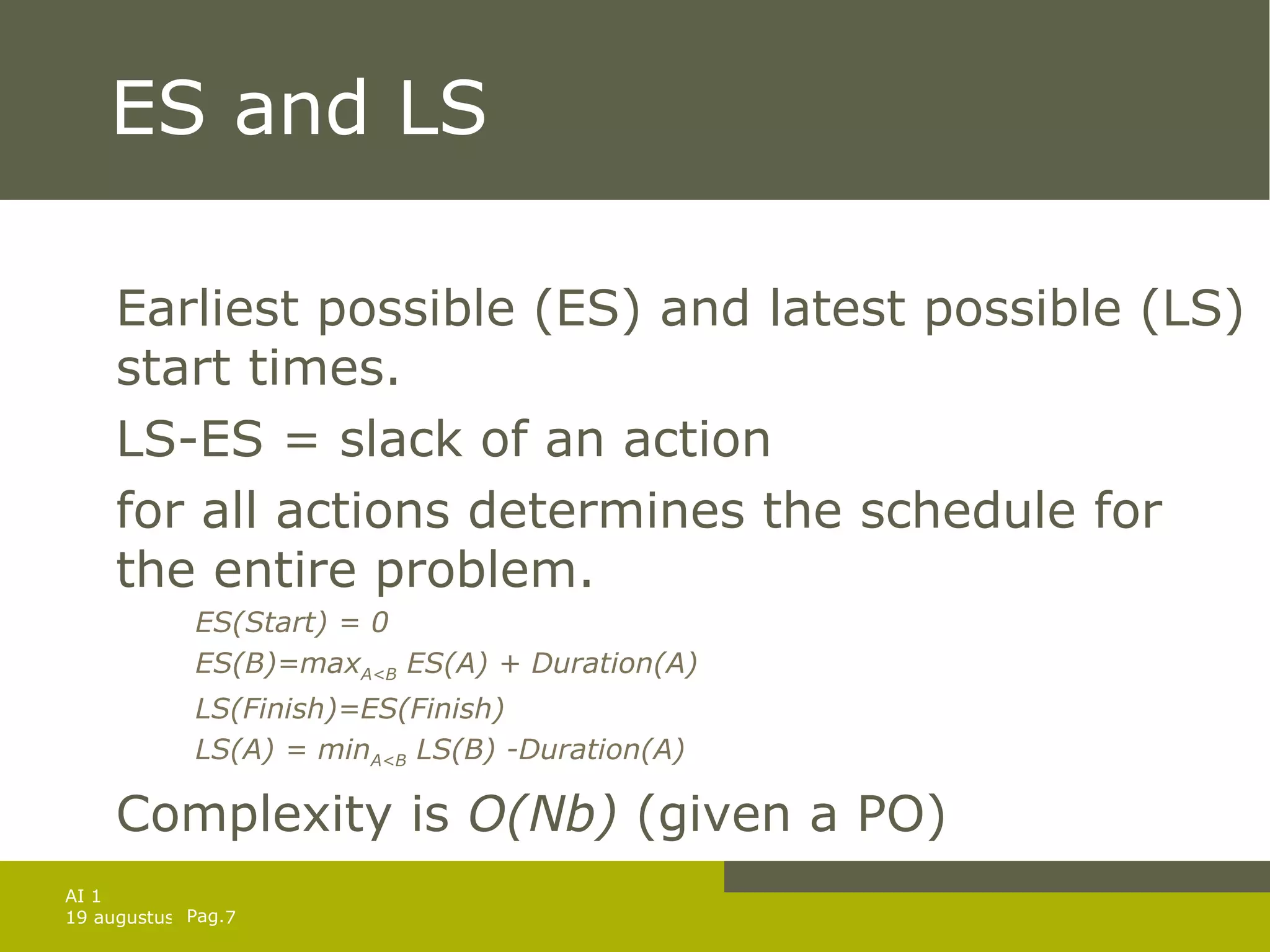 ES and LS Earliest possible (ES) and latest possible (LS) start times. LS-ES = slack of an action for all actions determines the schedule for the entire problem. ES(Start) = 0 ES(B)=max A<B  ES(A) + Duration(A) LS(Finish)=ES(Finish) LS(A) = min A<B  LS(B) -Duration(A) Complexity is  O(Nb)  (given a PO) 