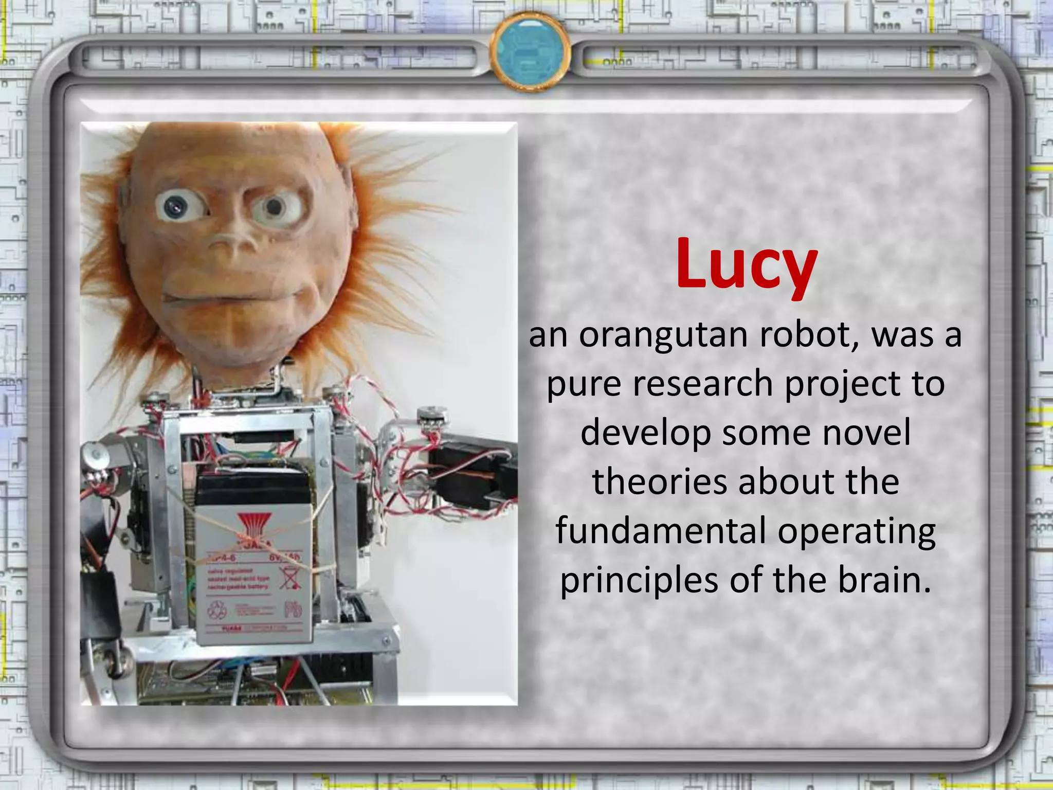 Lucy
an orangutan robot, was a
 pure research project to
   develop some novel
    theories about the
 fundamental operating
  principles of the brain.
 