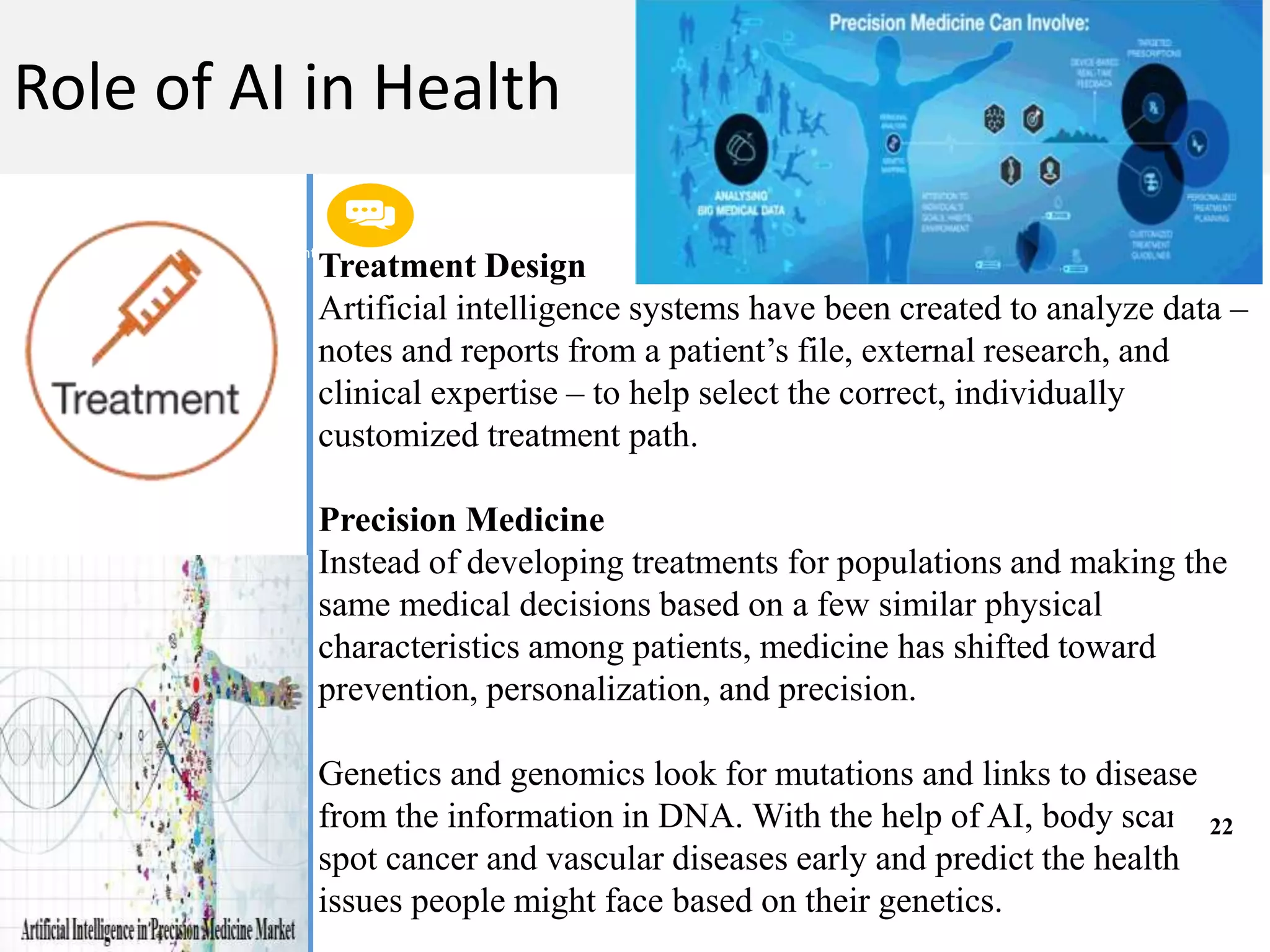 Get a modern PowerPoint Presentation that is beautifully designed. I hope and I believe that
this Template will your Time.
M A C H I N E L E A R N I N G
Role of AI in Health
Treatment Design
Artificial intelligence systems have been created to analyze data –
notes and reports from a patient’s file, external research, and
clinical expertise – to help select the correct, individually
customized treatment path.
Precision Medicine
Instead of developing treatments for populations and making the
same medical decisions based on a few similar physical
characteristics among patients, medicine has shifted toward
prevention, personalization, and precision.
Genetics and genomics look for mutations and links to disease
from the information in DNA. With the help of AI, body scans can
spot cancer and vascular diseases early and predict the health
issues people might face based on their genetics.
22
 