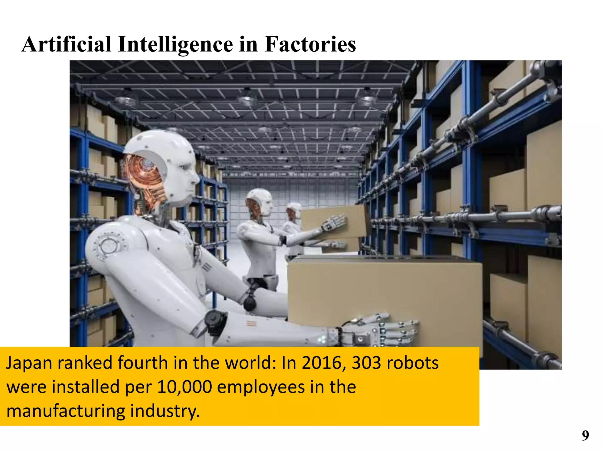 Artificial Intelligence in Factories
Japan ranked fourth in the world: In 2016, 303 robots
were installed per 10,000 employees in the
manufacturing industry.
9
 
