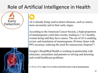 Get a modern PowerPoint Presentation that is beautifully designed. I hope and I believe that
this Template will your Time.
M A C H I N E L E A R N I N G
Role of Artificial Intelligence in Health
AI is already being used to detect diseases, such as cancer,
more accurately and in their early stages.
According to the American Cancer Society, a high proportion
of mammograms yield false results, leading to 1 in 2 healthy
women being told they have cancer. The use of AI is enabling
review and translation of mammograms 30 times faster with
99% accuracy, reducing the need for unnecessary biopsies[1].
Google’s DeepMind Health is working in partnership with
clinicians, researchers and patients to solving and detecting
real-world healthcare problems.
[1] Wired (2016). http://www.wired.co.uk/article/cancer-risk-ai-mammograms
17
 