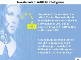 According to the research firm,
Allied Market Research, the AI
in medicine market was valued at
$719 million in 2017 and is
expected to reach $18,119 million
at the end of 2025.
One analysis has found that the
use of AI applications could
result in approximately $150
billion in saved healthcare costs
annually by 2026 in the USA.
Investments in Artificial intelligence
 