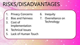 RISKS/DISADVANTAGES
1. Privacy Concerns
2. Bias and Fairness
3. Cost of
Implementation
4. Technical Issues
5. Lack of Human Touch
6. Inequity
7. Overreliance on
Technology
 