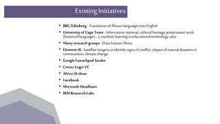 AddressingAfrica’s Diversity
• Encourage dissemination of information.
• AIWiki, for example
• Recognize the inhomogeneity...