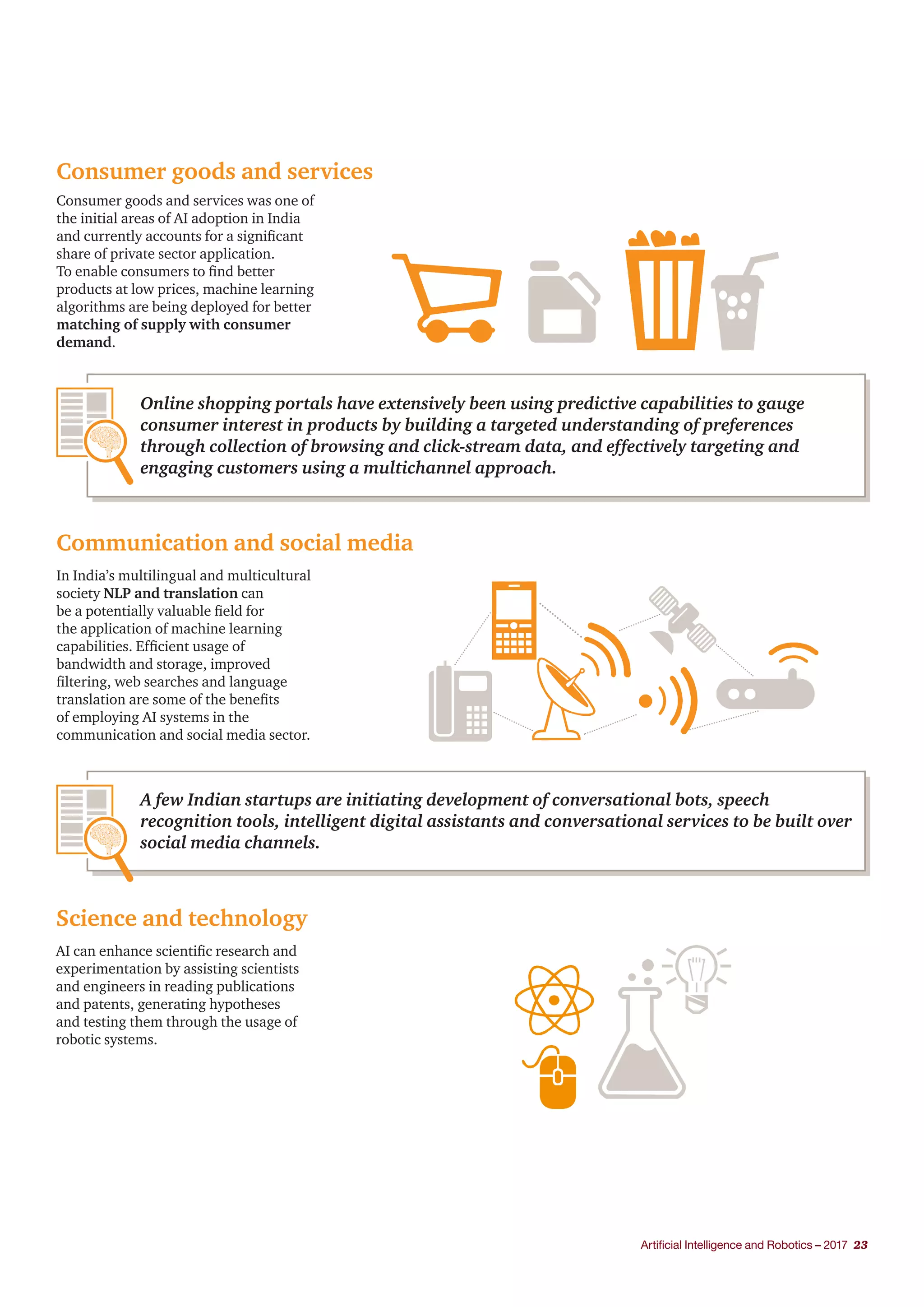 Artificial Intelligence and Robotics – 2017 23
Consumer goods and services
Communication and social media
Consumer goods and services was one of
the initial areas of AI adoption in India
and currently accounts for a significant
share of private sector application.
To enable consumers to find better
products at low prices, machine learning
algorithms are being deployed for better
matching of supply with consumer
demand.
In India’s multilingual and multicultural
society NLP and translation can
be a potentially valuable field for
the application of machine learning
capabilities. Efficient usage of
bandwidth and storage, improved
filtering, web searches and language
translation are some of the benefits
of employing AI systems in the
communication and social media sector.
Online shopping portals have extensively been using predictive capabilities to gauge
consumer interest in products by building a targeted understanding of preferences
through collection of browsing and click-stream data, and effectively targeting and
engaging customers using a multichannel approach.
A few Indian startups are initiating development of conversational bots, speech
recognition tools, intelligent digital assistants and conversational services to be built over
social media channels.
Science and technology
AI can enhance scientific research and
experimentation by assisting scientists
and engineers in reading publications
and patents, generating hypotheses
and testing them through the usage of
robotic systems.
 