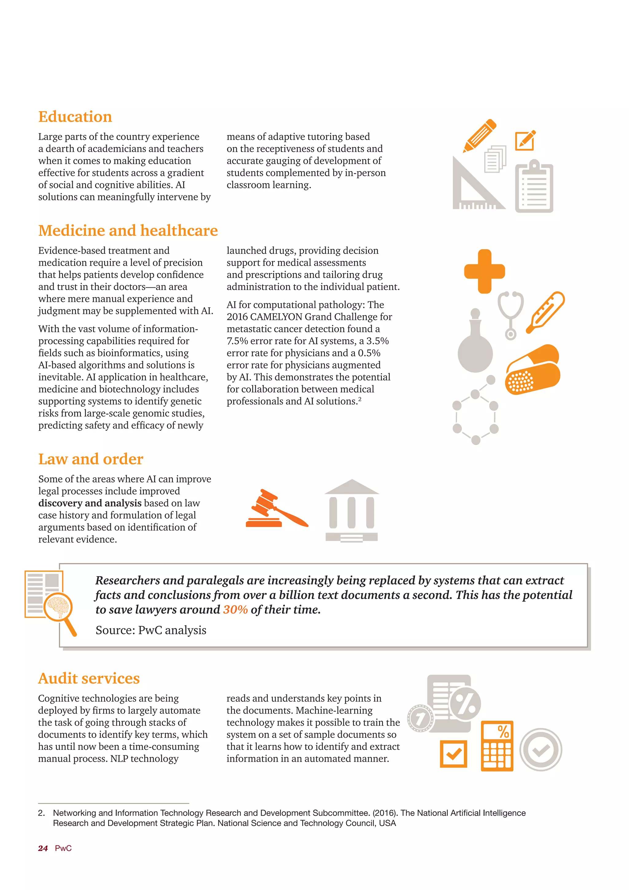 24	PwC
Law and order
Audit services
Some of the areas where AI can improve
legal processes include improved
discovery and analysis based on law
case history and formulation of legal
arguments based on identification of
relevant evidence.
Cognitive technologies are being
deployed by firms to largely automate
the task of going through stacks of
documents to identify key terms, which
has until now been a time-consuming
manual process. NLP technology
reads and understands key points in
the documents. Machine-learning
technology makes it possible to train the
system on a set of sample documents so
that it learns how to identify and extract
information in an automated manner.
Education
Medicine and healthcare
Large parts of the country experience
a dearth of academicians and teachers
when it comes to making education
effective for students across a gradient
of social and cognitive abilities. AI
solutions can meaningfully intervene by
means of adaptive tutoring based
on the receptiveness of students and
accurate gauging of development of
students complemented by in-person
classroom learning.
Evidence-based treatment and
medication require a level of precision
that helps patients develop confidence
and trust in their doctors—an area
where mere manual experience and
judgment may be supplemented with AI.
With the vast volume of information-
processing capabilities required for
fields such as bioinformatics, using
AI-based algorithms and solutions is
inevitable. AI application in healthcare,
medicine and biotechnology includes
supporting systems to identify genetic
risks from large-scale genomic studies,
predicting safety and efficacy of newly
launched drugs, providing decision
support for medical assessments
and prescriptions and tailoring drug
administration to the individual patient.
AI for computational pathology: The
2016 CAMELYON Grand Challenge for
metastatic cancer detection found a
7.5% error rate for AI systems, a 3.5%
error rate for physicians and a 0.5%
error rate for physicians augmented
by AI. This demonstrates the potential
for collaboration between medical
professionals and AI solutions.2
2.	 Networking and Information Technology Research and Development Subcommittee. (2016). The National Artificial Intelligence
Research and Development Strategic Plan. National Science and Technology Council, USA
Researchers and paralegals are increasingly being replaced by systems that can extract
facts and conclusions from over a billion text documents a second. This has the potential
to save lawyers around 30% of their time.
Source: PwC analysis
 